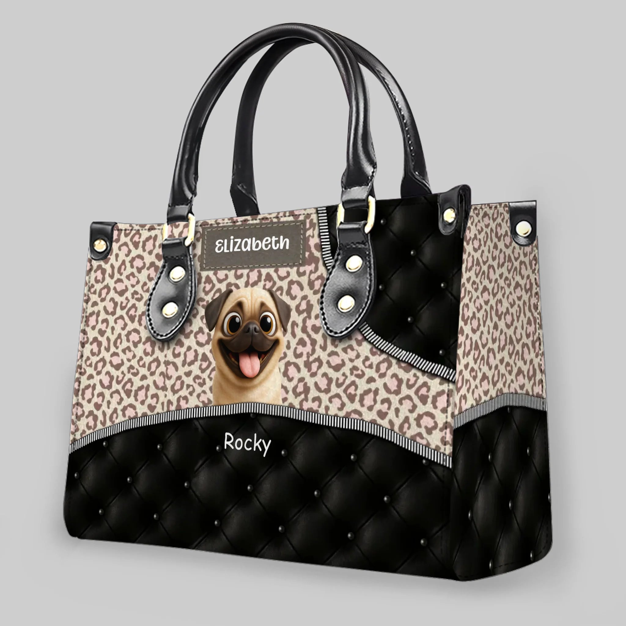 Personalized Pug Lover Leather Handbag - Leopard Pattern Quilted Panel Gift | 89Prints