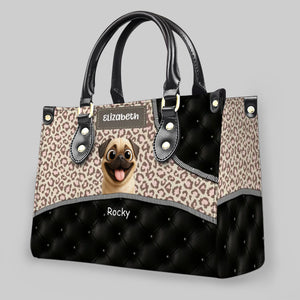 Personalized Pug Lover Leather Handbag - Leopard Pattern Quilted Panel Gift | 89Prints