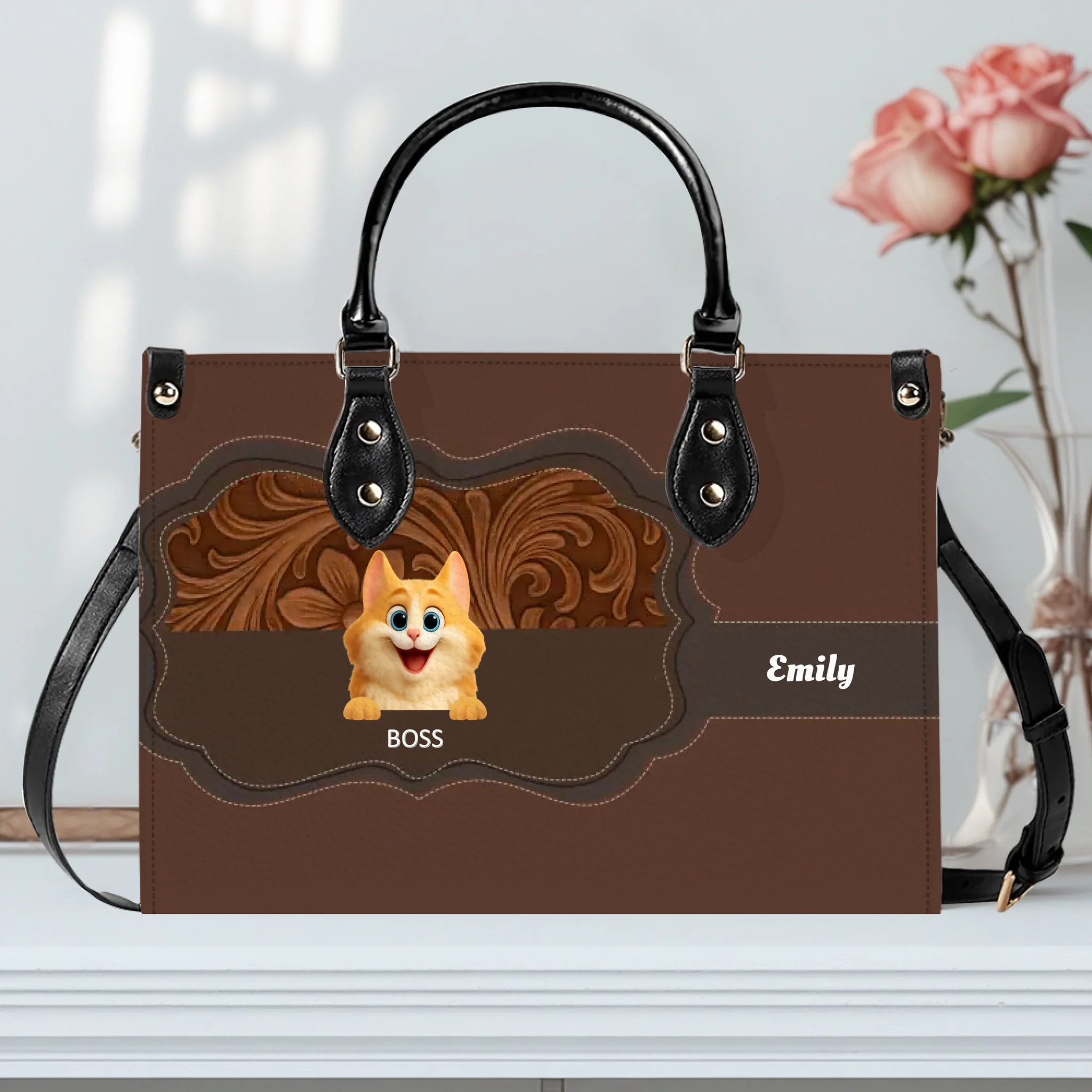 Cat Personalized Leather Handbag - Carved Leather Cat Handbag for Cat Lovers - 89Prints