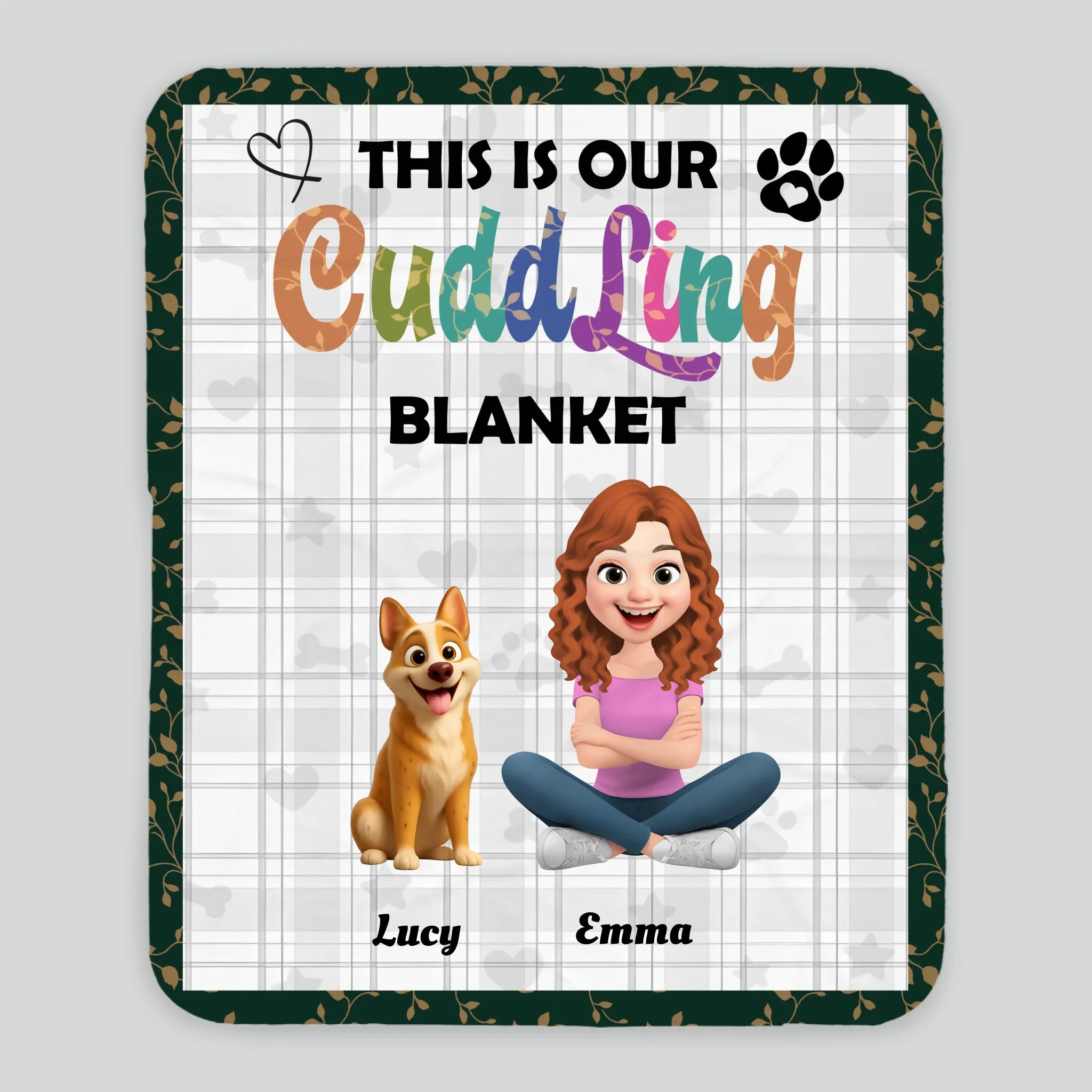 Custom Girl And Her Dog Blanket - Plaid Pattern Background with Floral Leaf Border -89Prints