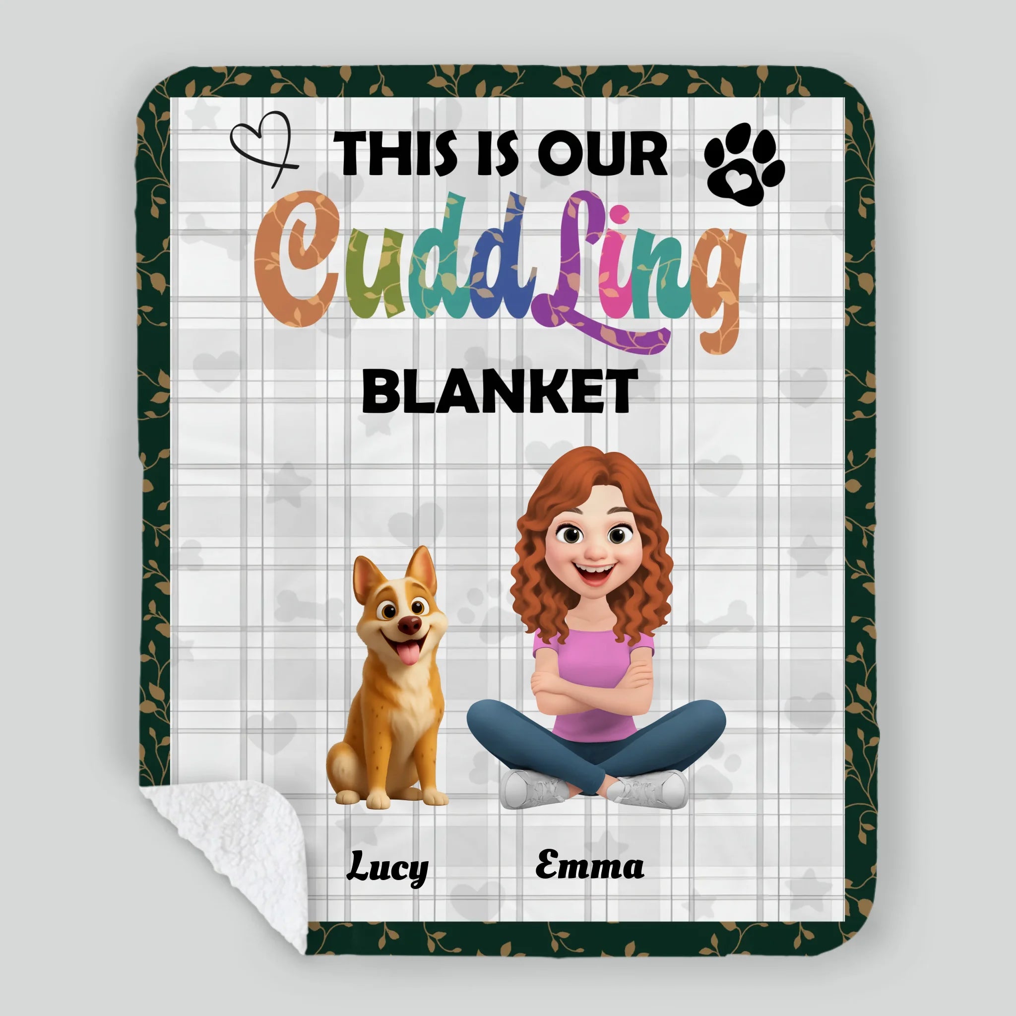 Custom Girl And Her Dog Blanket - Plaid Pattern Background with Floral Leaf Border -89Prints