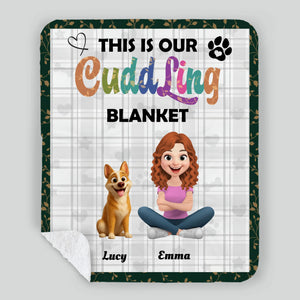 Custom Girl And Her Dog Blanket - Plaid Pattern Background with Floral Leaf Border -89Prints