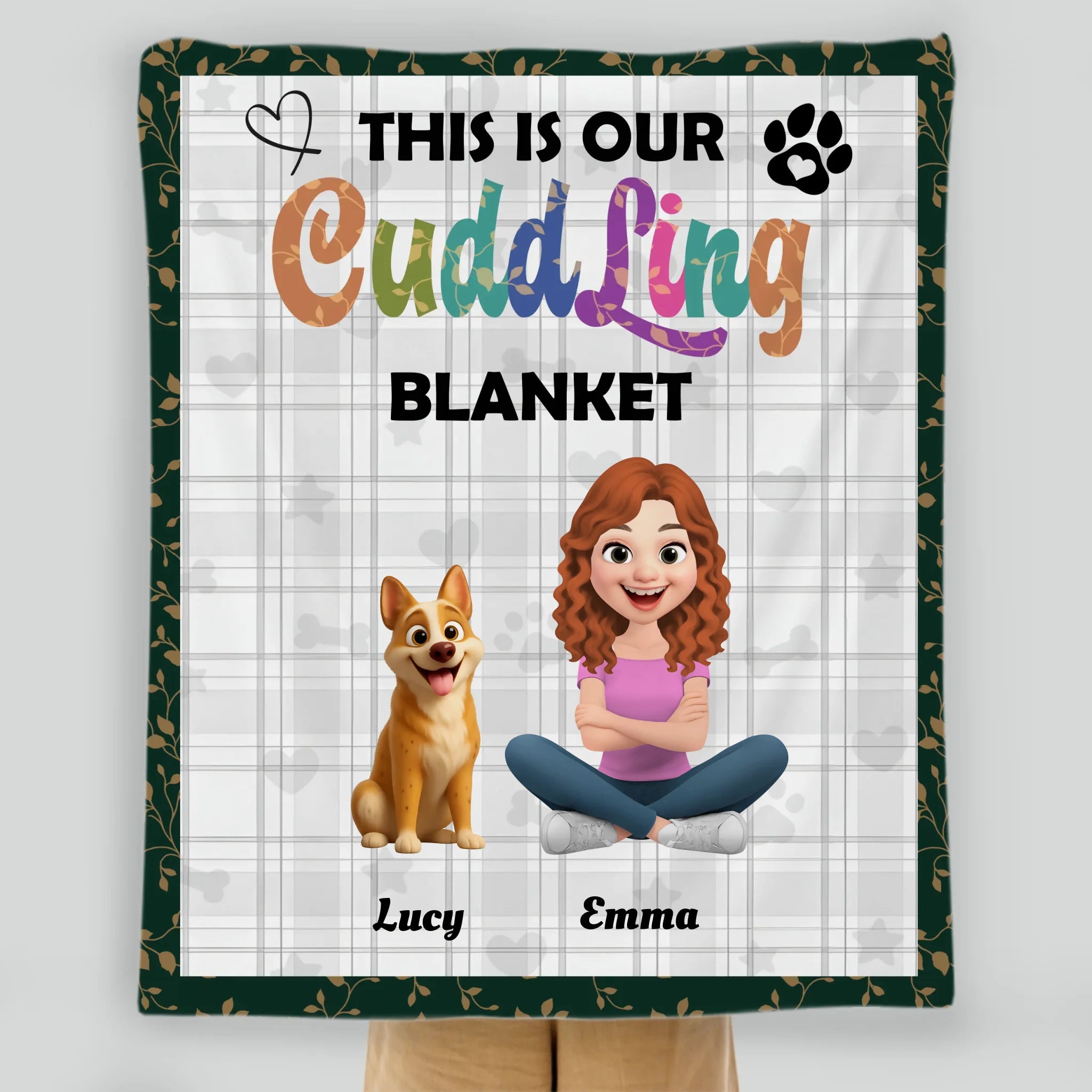 Custom Girl And Her Dog Blanket - Plaid Pattern Background with Floral Leaf Border -89Prints