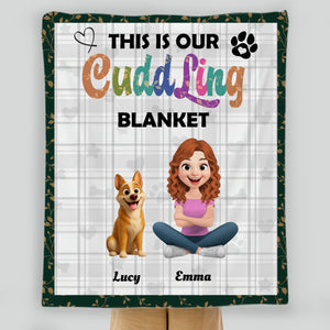 Custom Girl And Her Dog Blanket - Plaid Pattern Background with Floral Leaf Border -89Prints