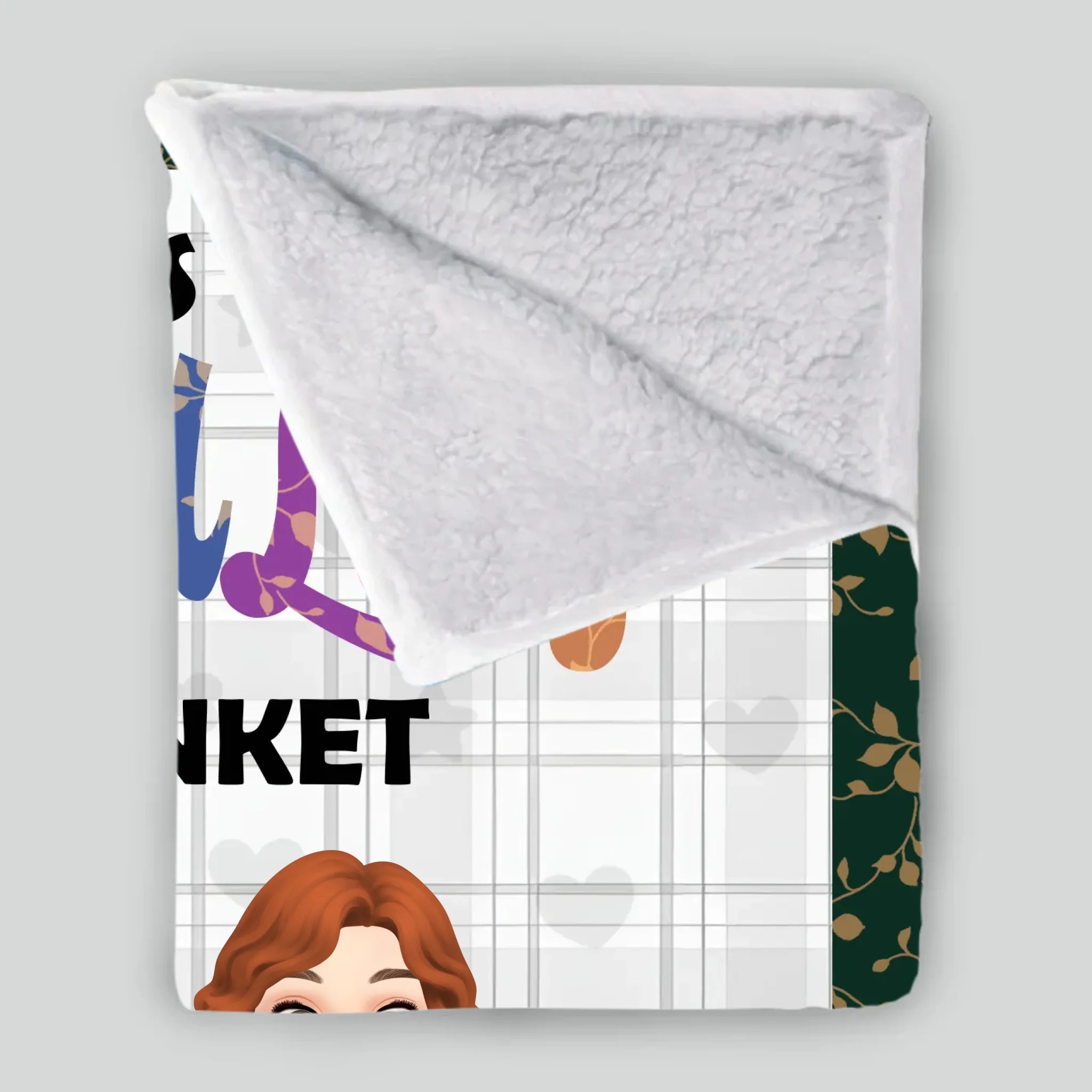 Custom Girl And Her Dog Blanket - Plaid Pattern Background with Floral Leaf Border -89Prints