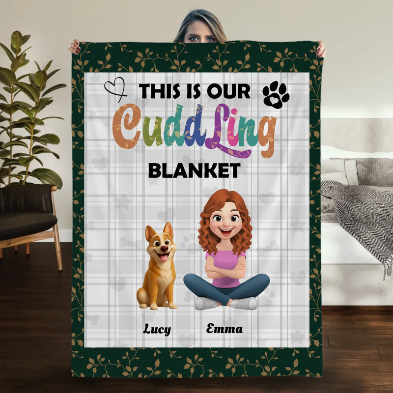 Custom Girl And Her Dog Blanket - Plaid Pattern Background with Floral Leaf Border -89Prints