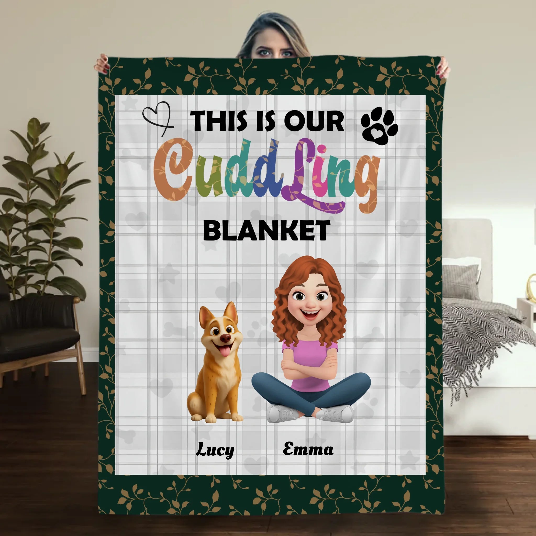 Custom Girl And Her Dog Blanket - Plaid Pattern Background with Floral Leaf Border -89Prints