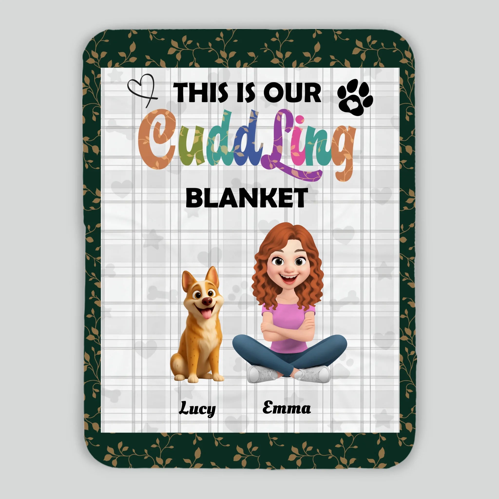 Custom Girl And Her Dog Blanket - Plaid Pattern Background with Floral Leaf Border -89Prints