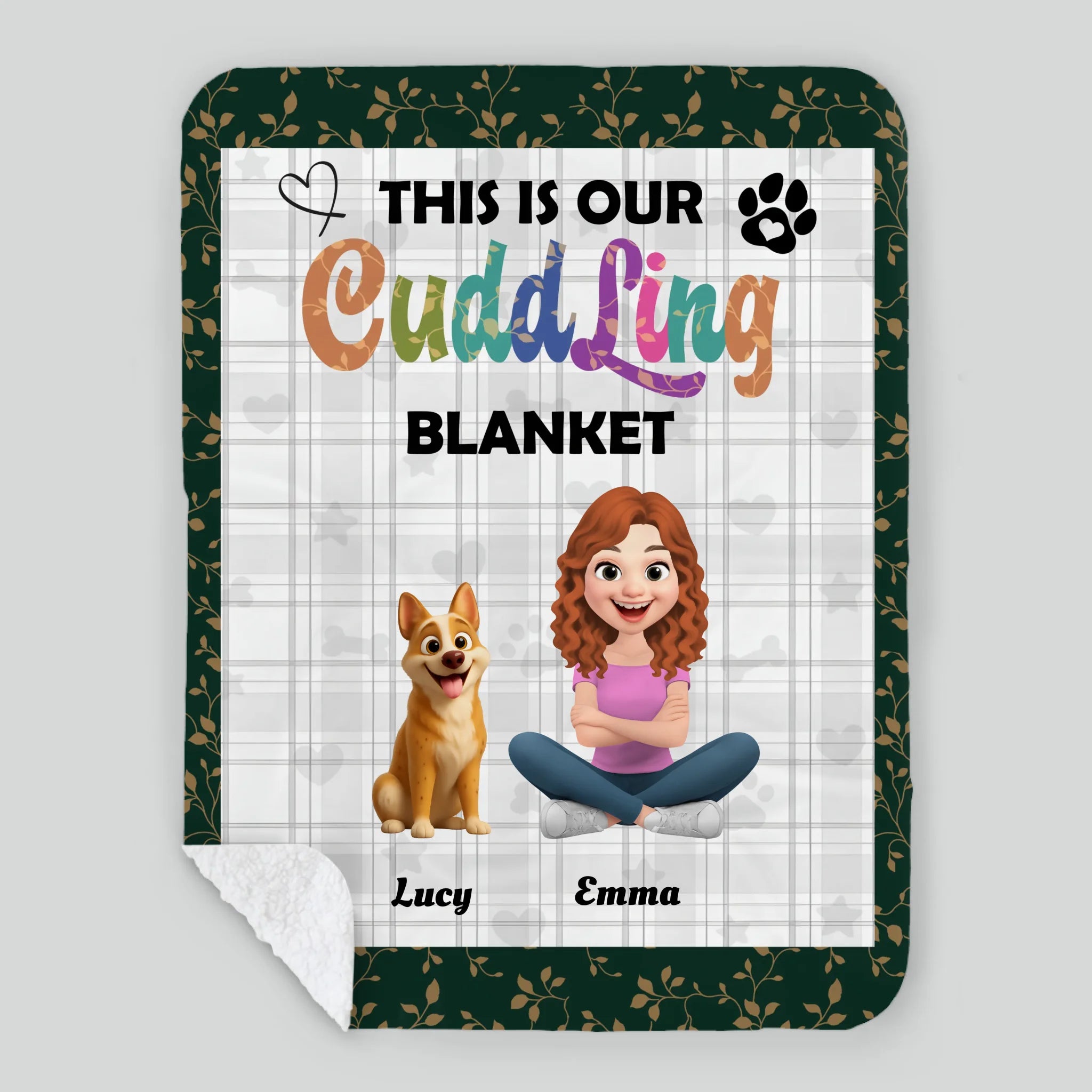 Custom Girl And Her Dog Blanket - Plaid Pattern Background with Floral Leaf Border -89Prints