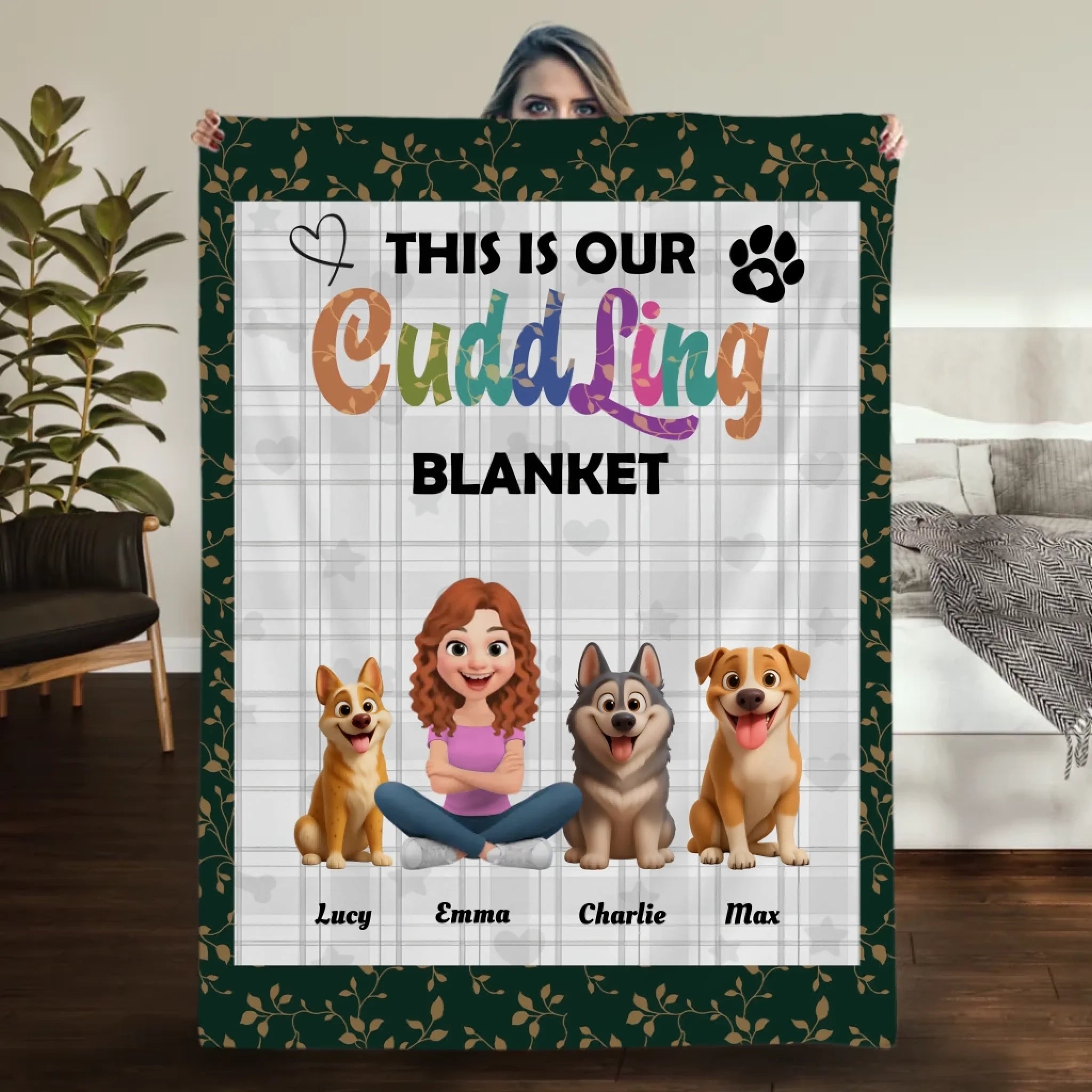 Custom Girl And Her Dog Blanket - Plaid Pattern Background with Floral Leaf Border -89Prints