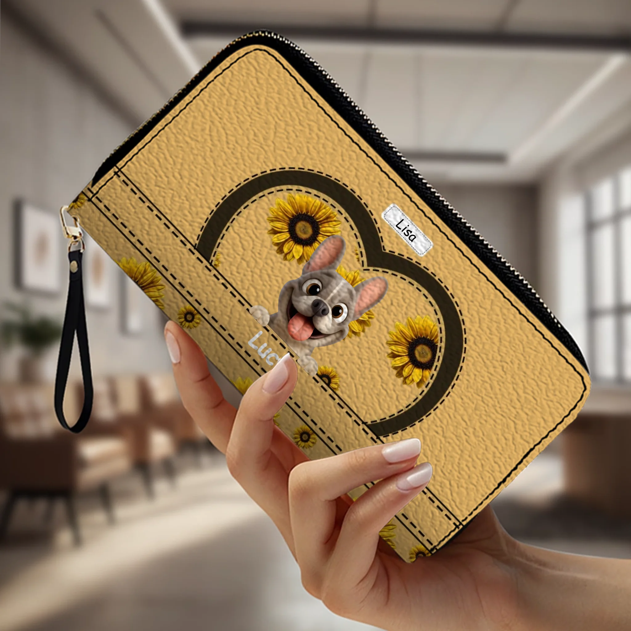 Personalized Sunflower French Bulldog Wallet - Custom Cute Frenchie Gift