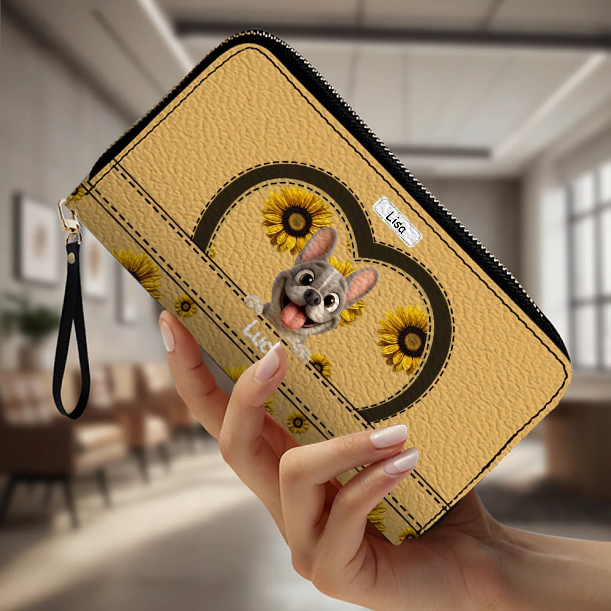 Personalized Sunflower French Bulldog Wallet - Custom Cute Frenchie Gift