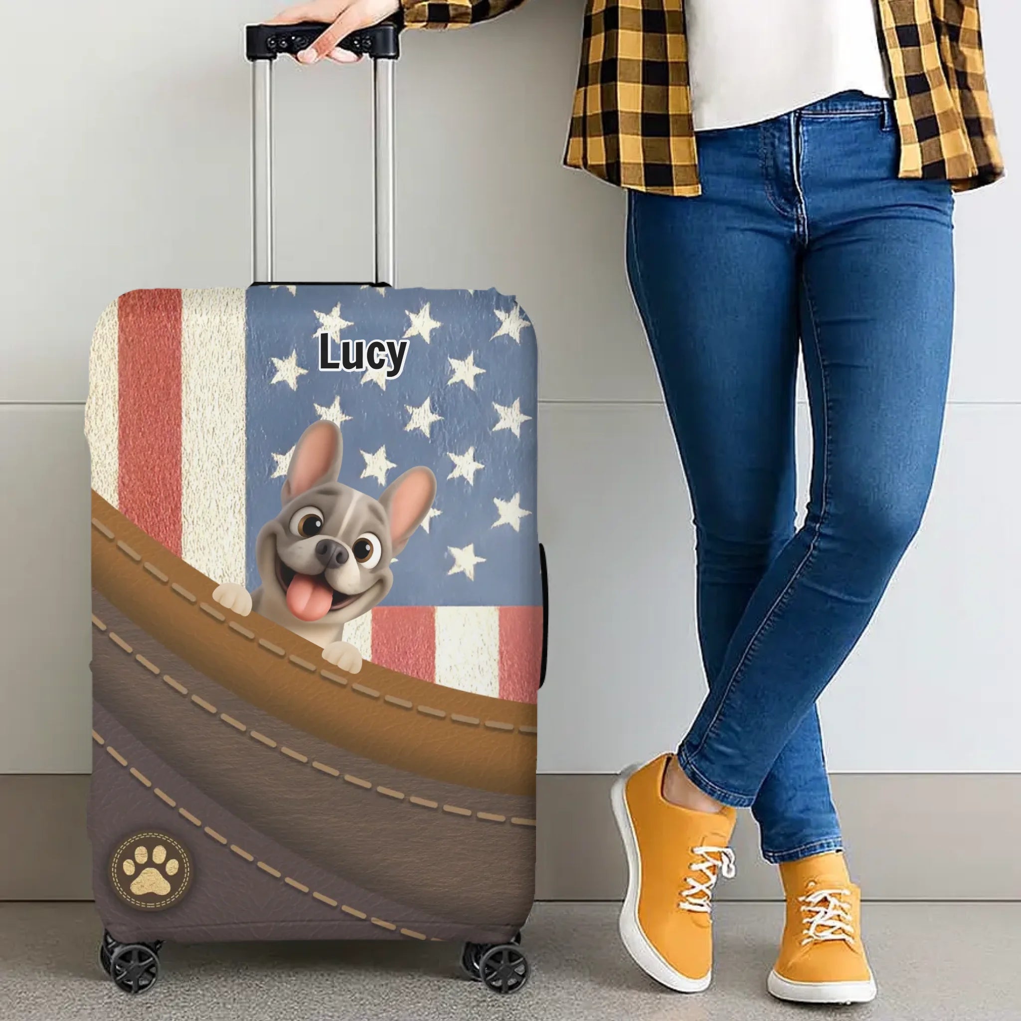 Patriotic French Bulldog Luggage Cover – Personalized USA Flag Suitcase Protector