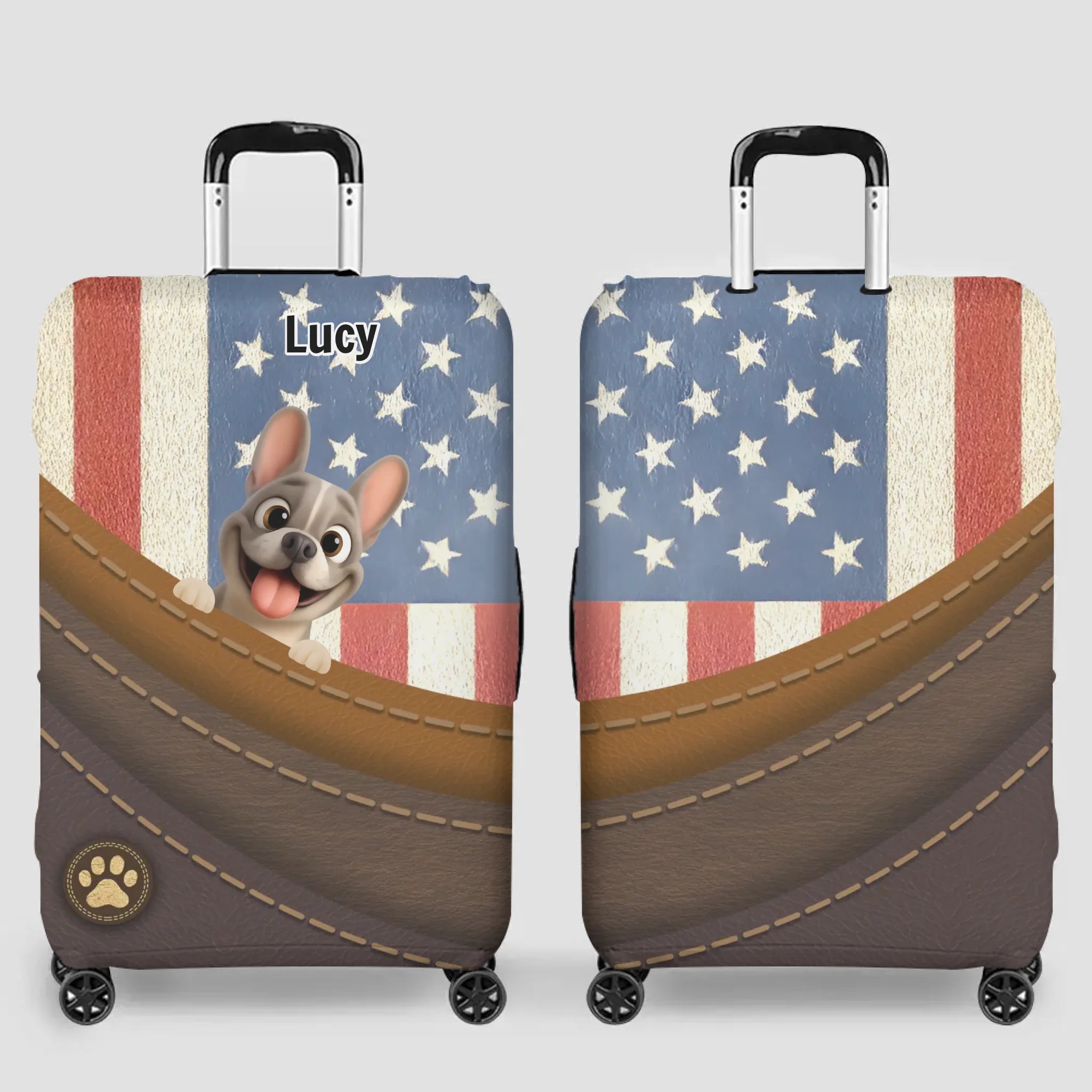 Patriotic French Bulldog Luggage Cover – Personalized USA Flag Suitcase Protector