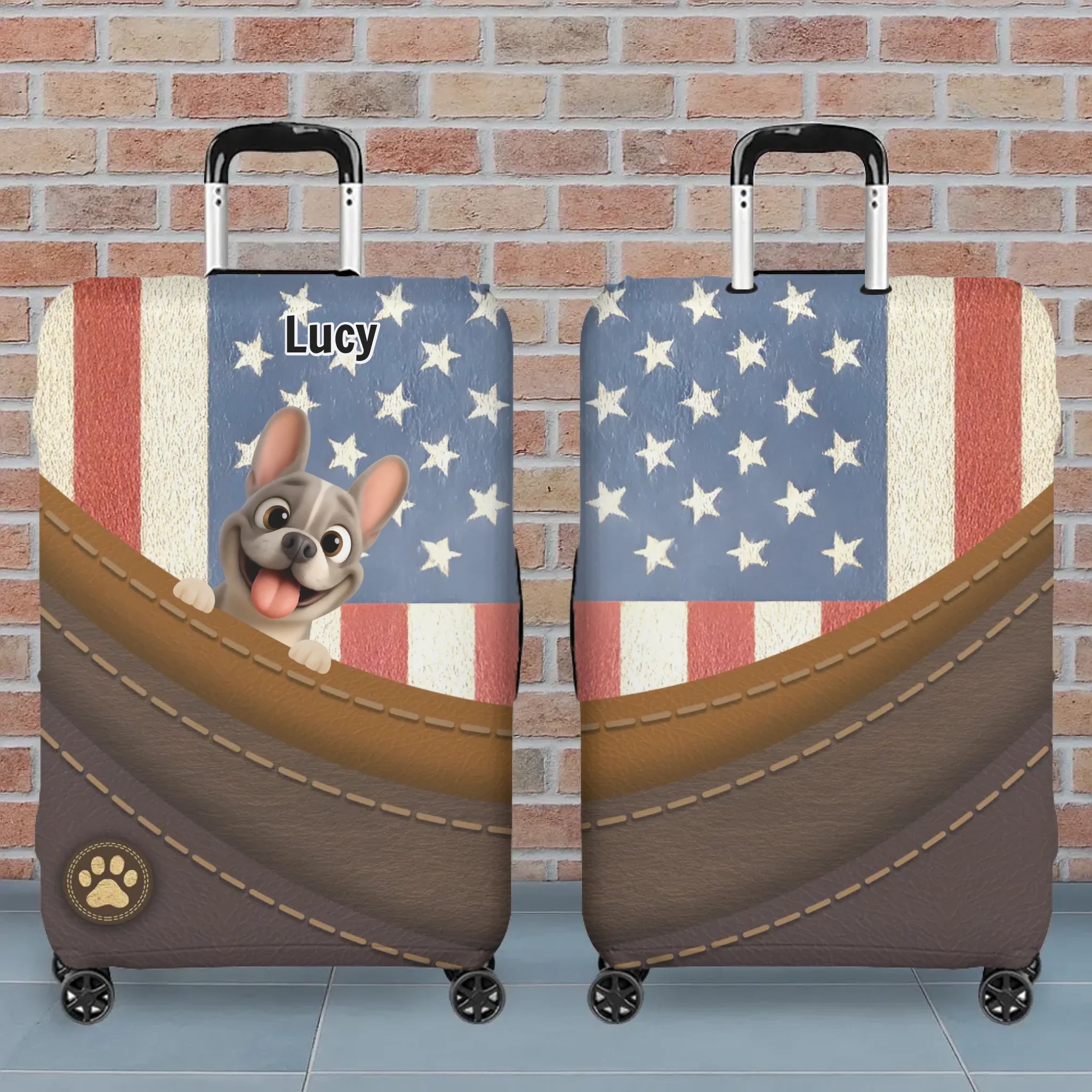 Patriotic French Bulldog Luggage Cover – Personalized USA Flag Suitcase Protector