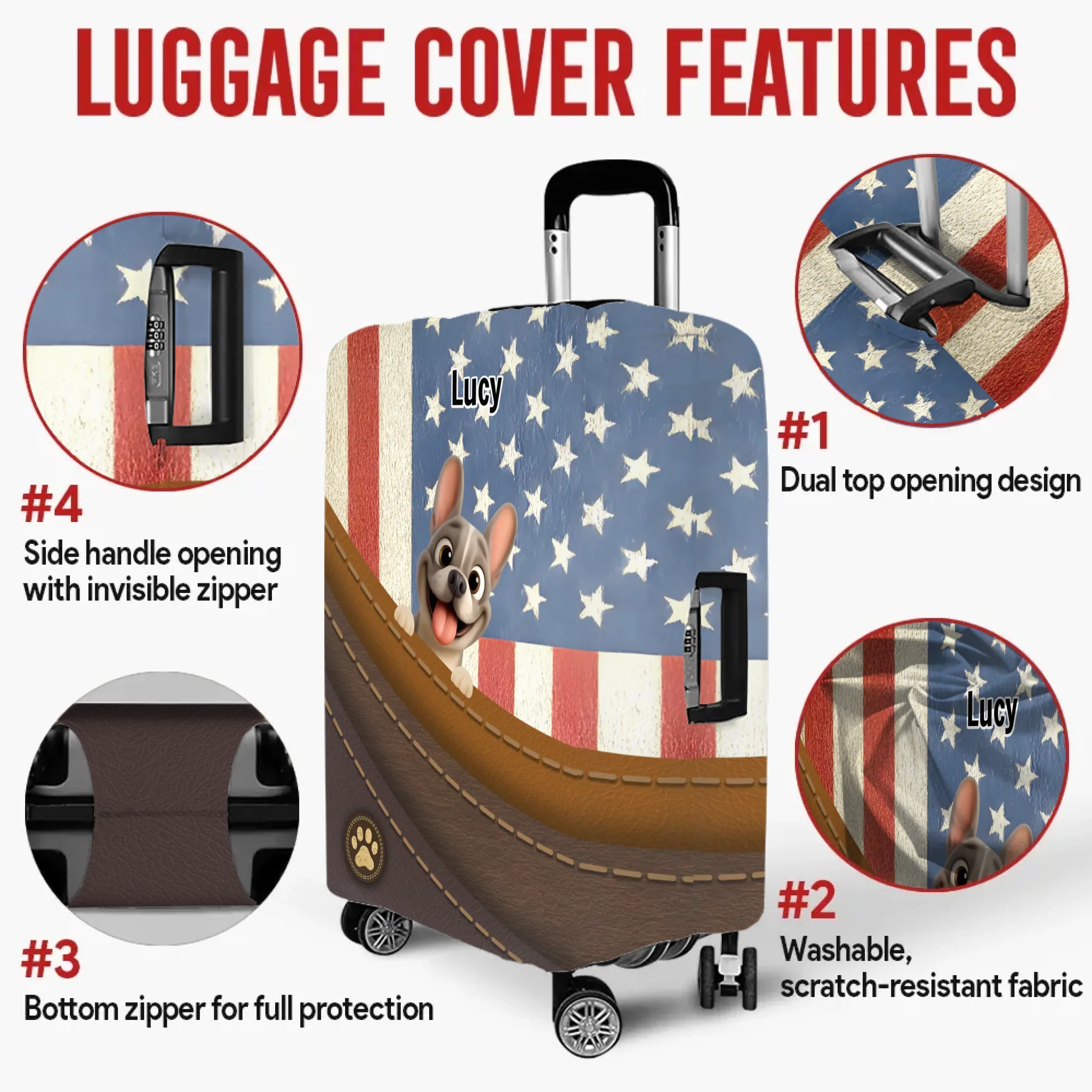 Patriotic French Bulldog Luggage Cover – Personalized USA Flag Suitcase Protector