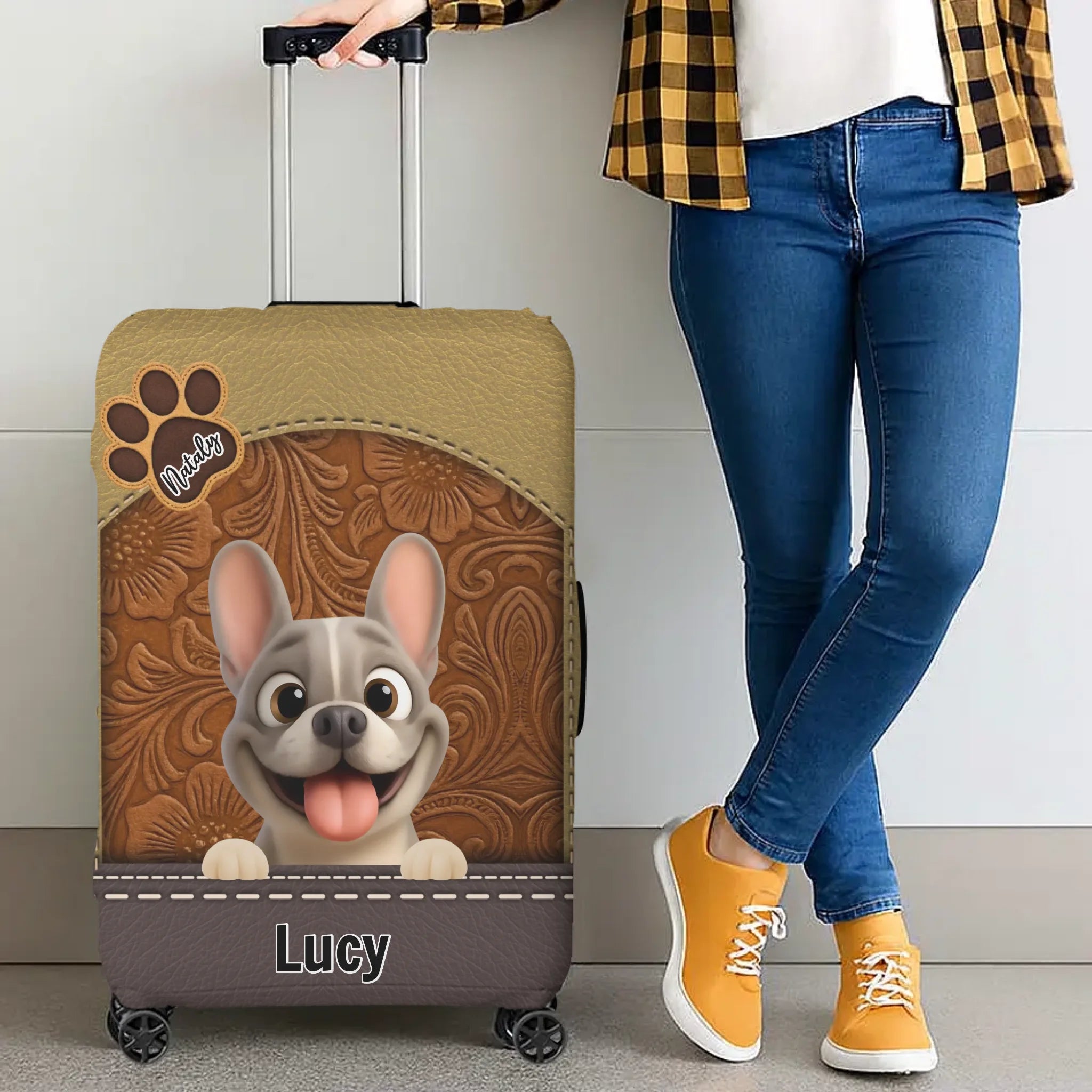 Vintage Floral French Bulldog Luggage Cover – Personalized Suitcase Protector