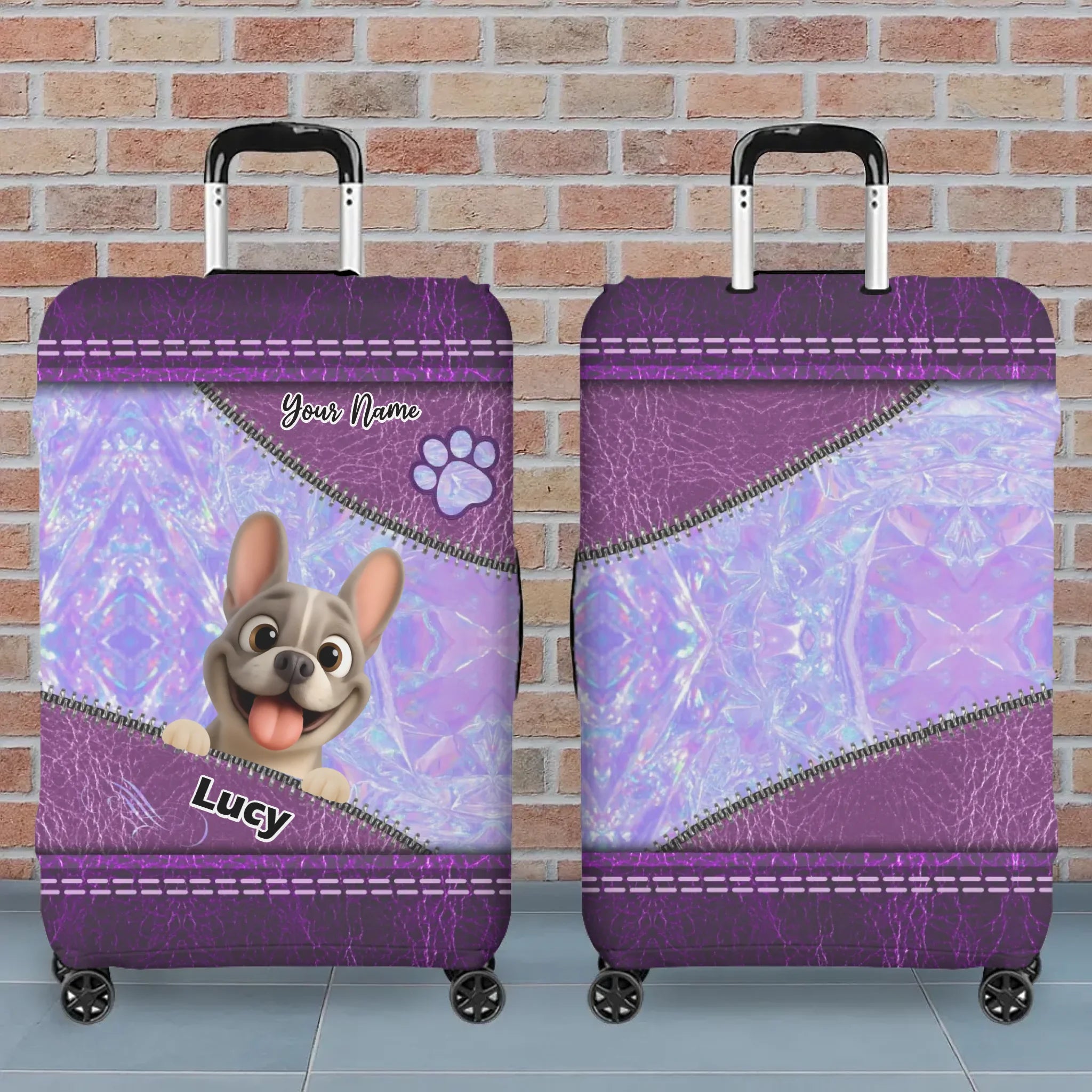 Holographic Purple French Bulldog Luggage Cover – Personalized Suitcase Protector