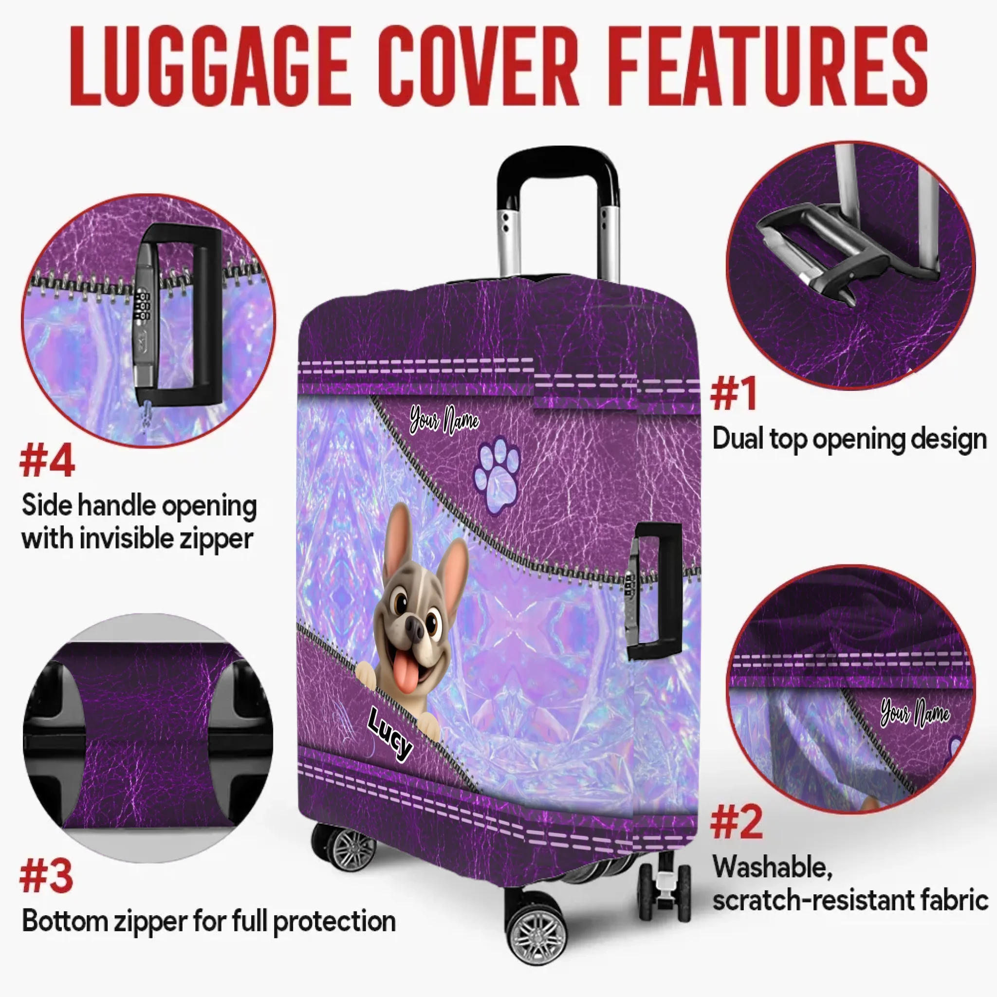 Holographic Purple French Bulldog Luggage Cover – Personalized Suitcase Protector