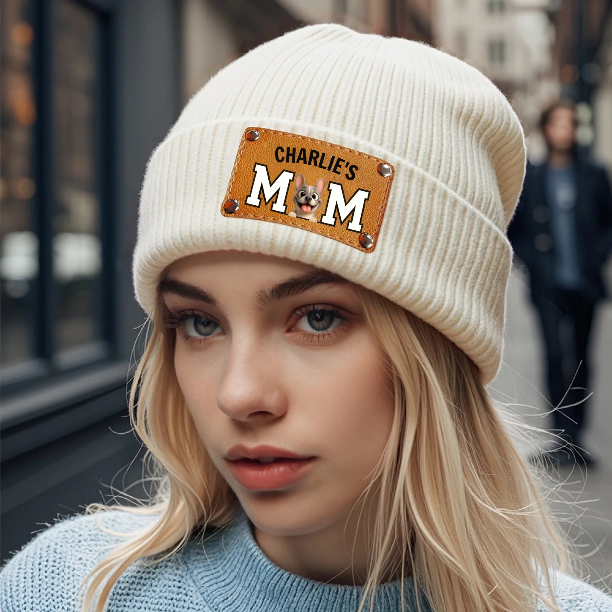 Personalized French Bulldog Leather Knitted Beanie – Cute Engraved Patch
