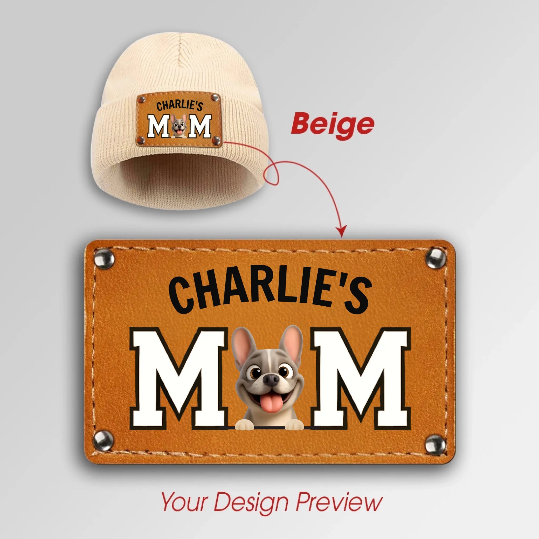 Personalized French Bulldog Leather Knitted Beanie – Cute Engraved Patch