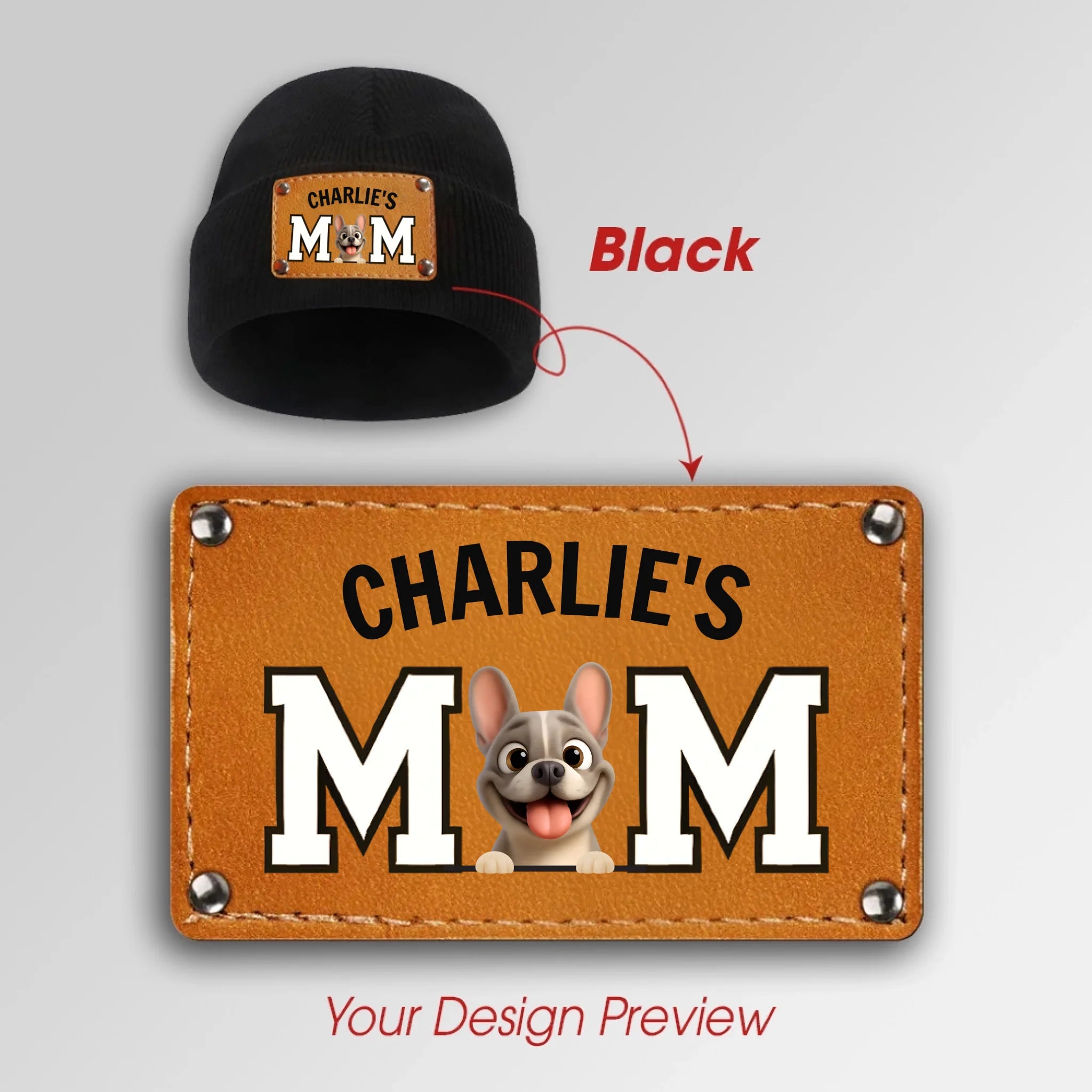 Personalized French Bulldog Leather Knitted Beanie – Cute Engraved Patch