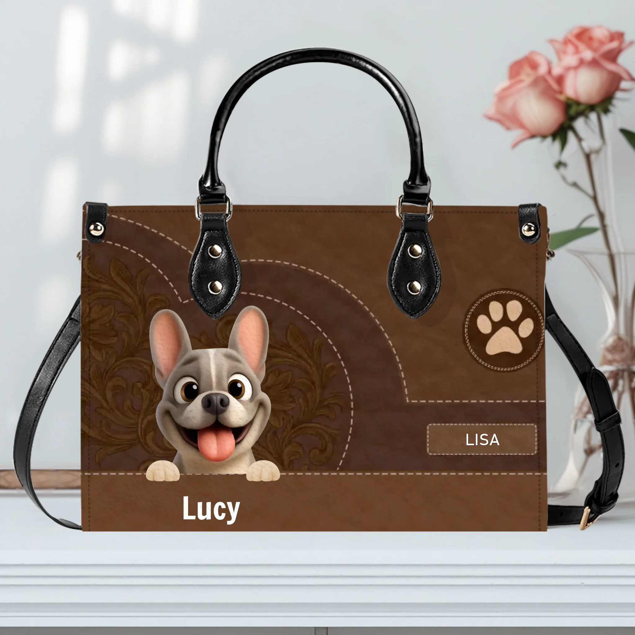 Personalized French Bulldog Handbag – Classic Brown Leather Bag For Dog Lover