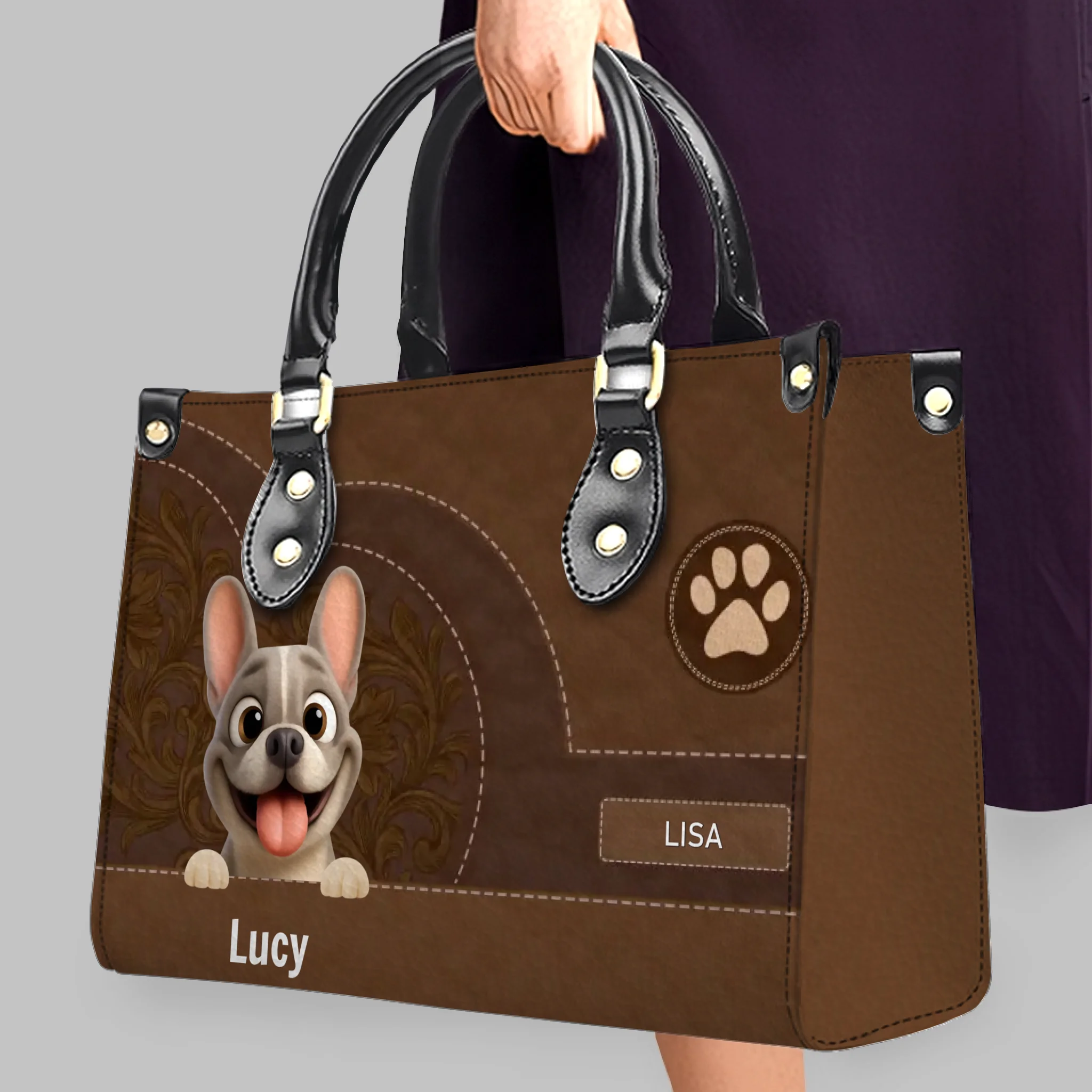 Personalized French Bulldog Handbag – Classic Brown Leather Bag For Dog Lover