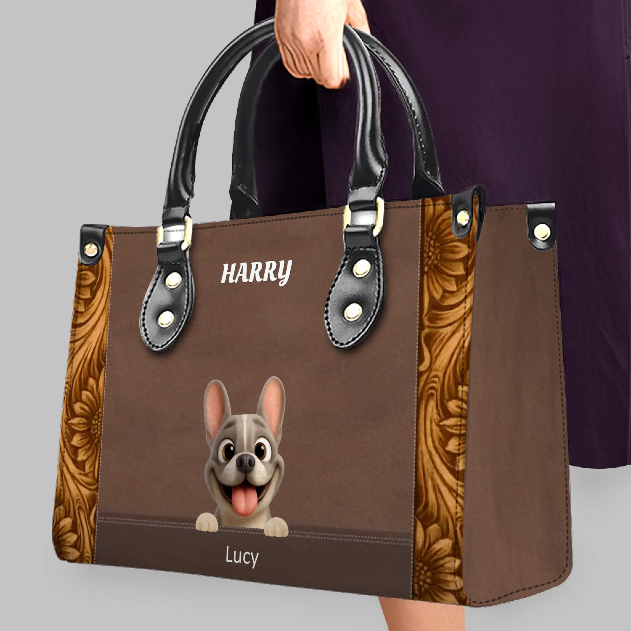 Customized French Bulldog Handbag – Sunflower Pattern Dog Lover Gift