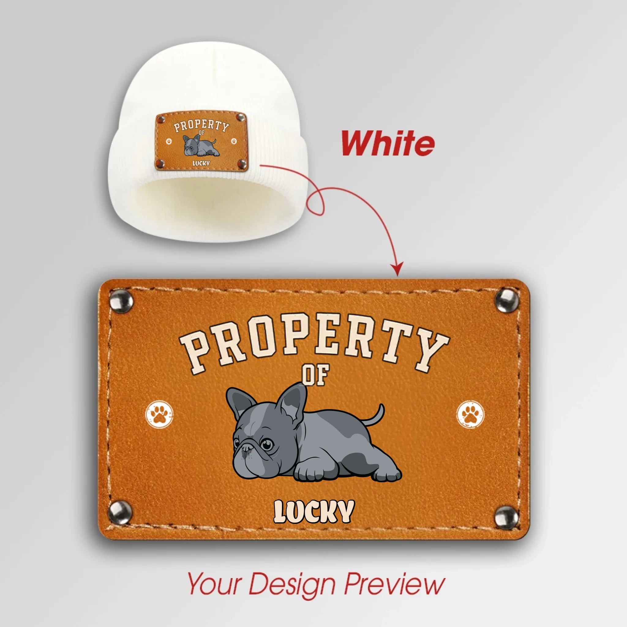 Personalized French Bulldog Baby Beanie – Leather Engraved Patch