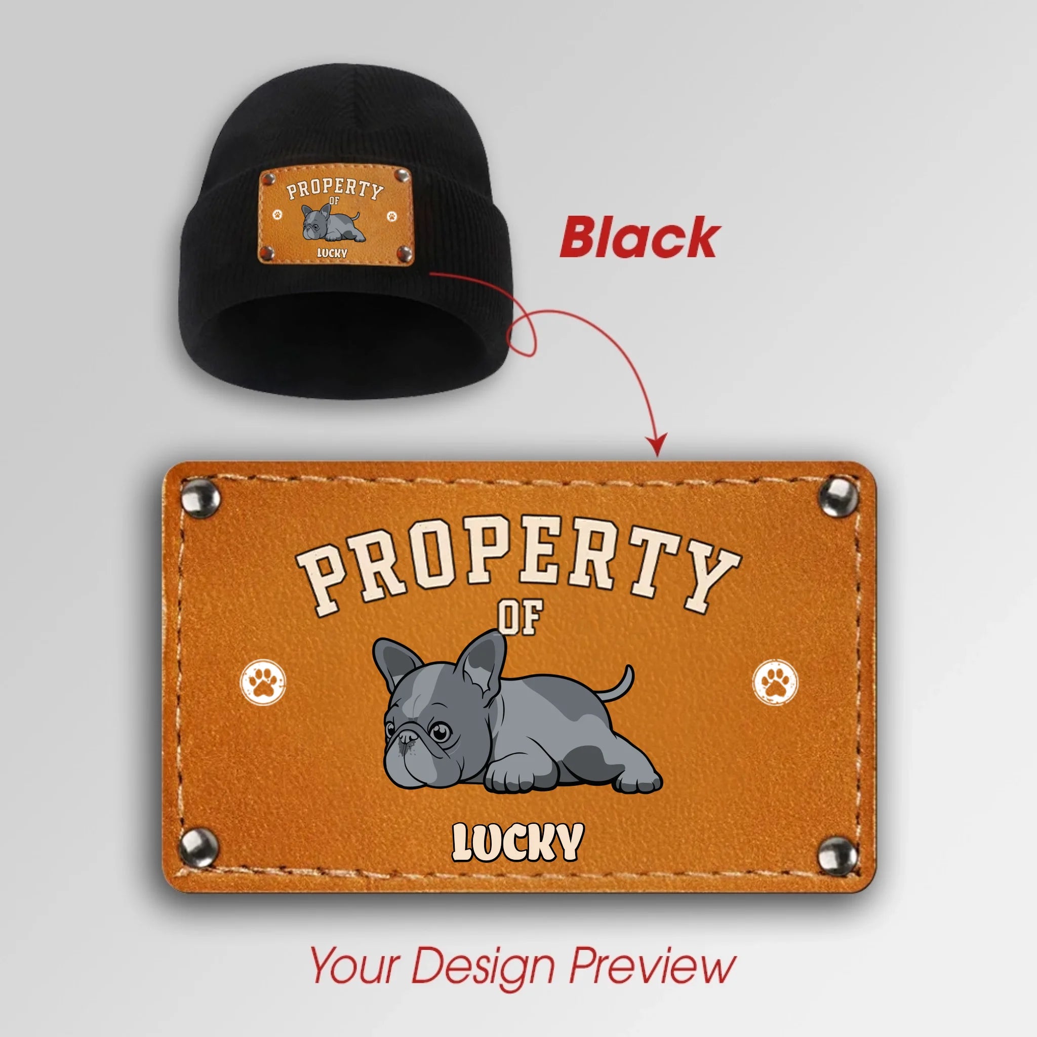 Personalized French Bulldog Baby Beanie – Leather Engraved Patch