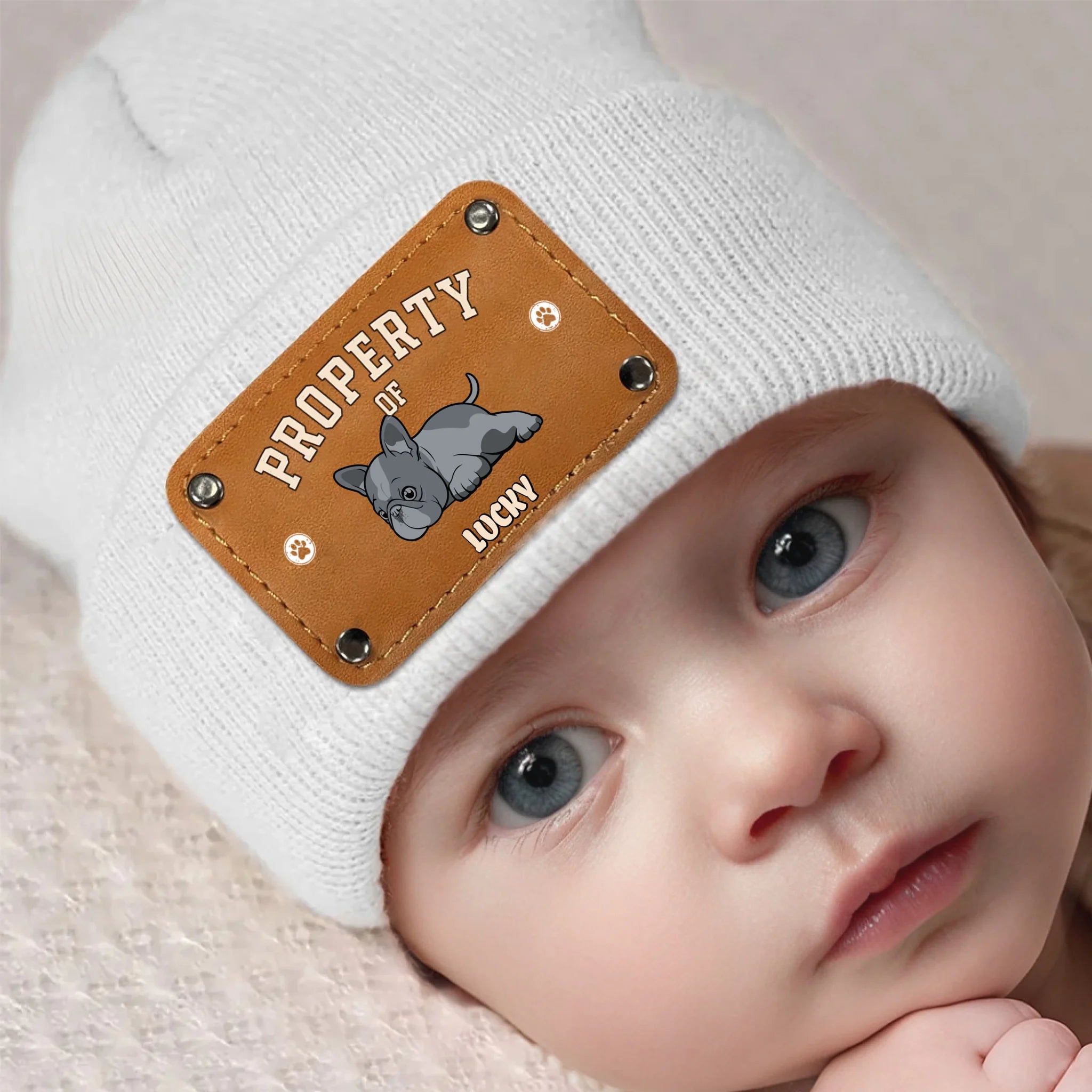 Personalized French Bulldog Baby Beanie – Leather Engraved Patch