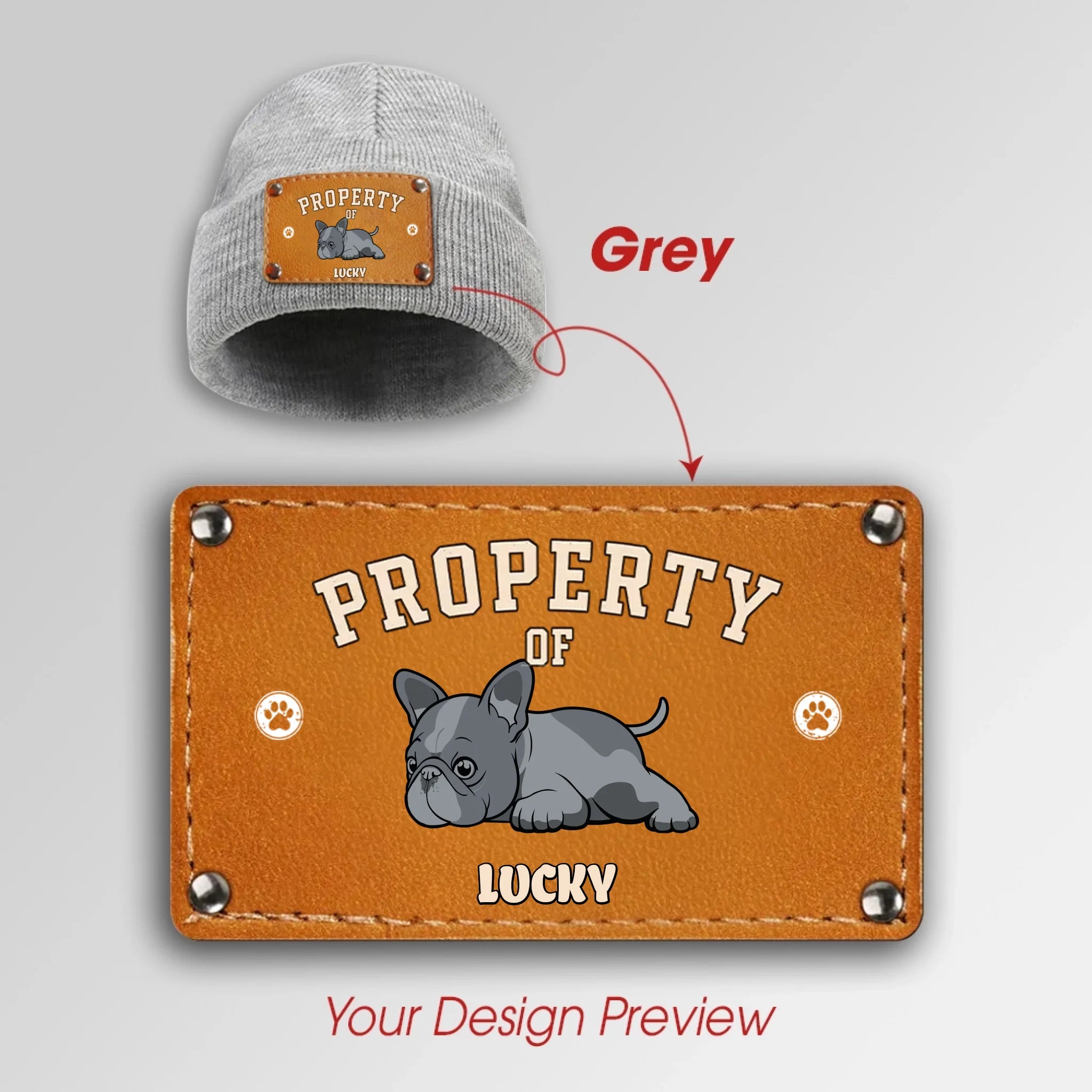 Personalized French Bulldog Baby Beanie – Leather Engraved Patch