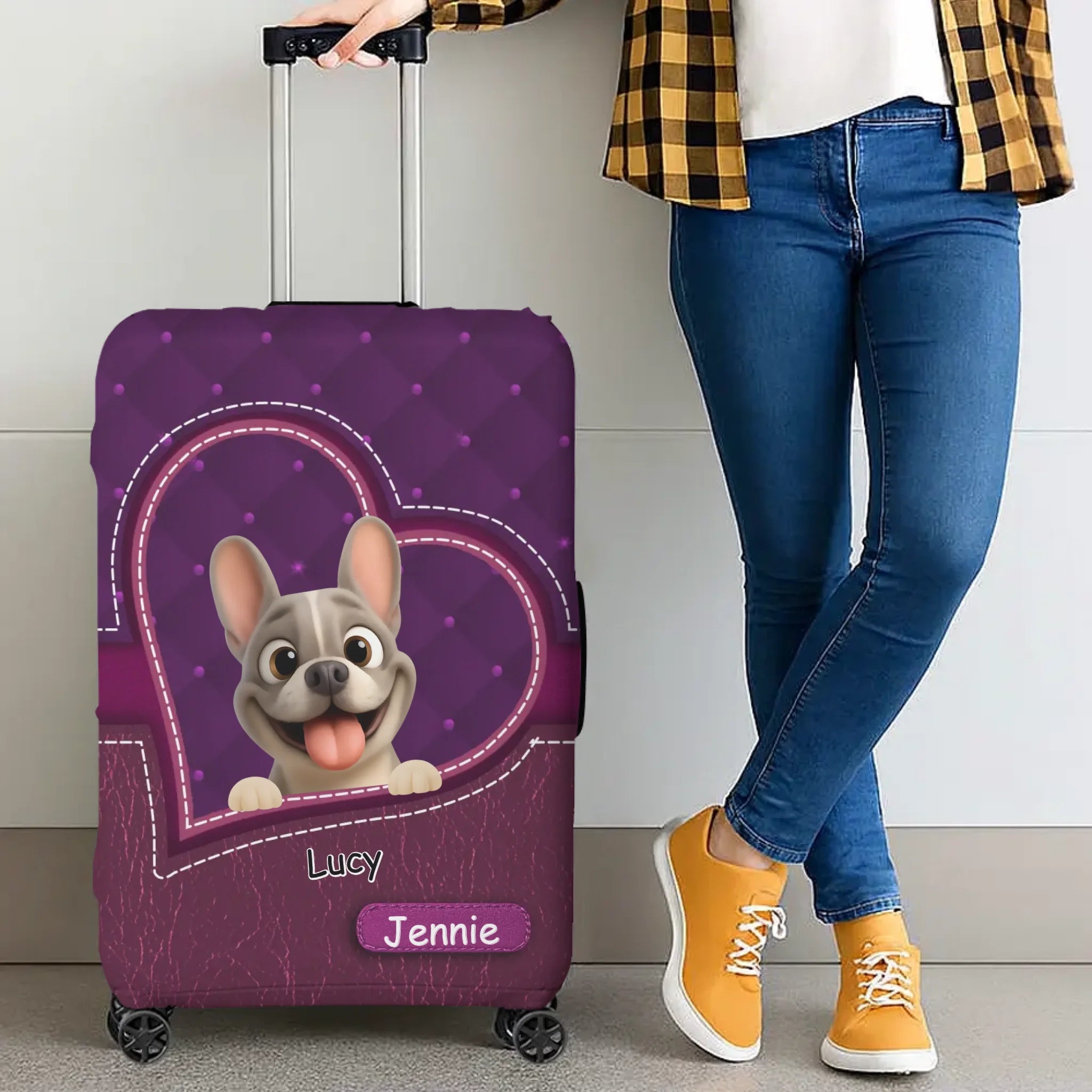 Personalized French Bulldog Luggage Cover – Purple Heart Gift For Dog Lovers