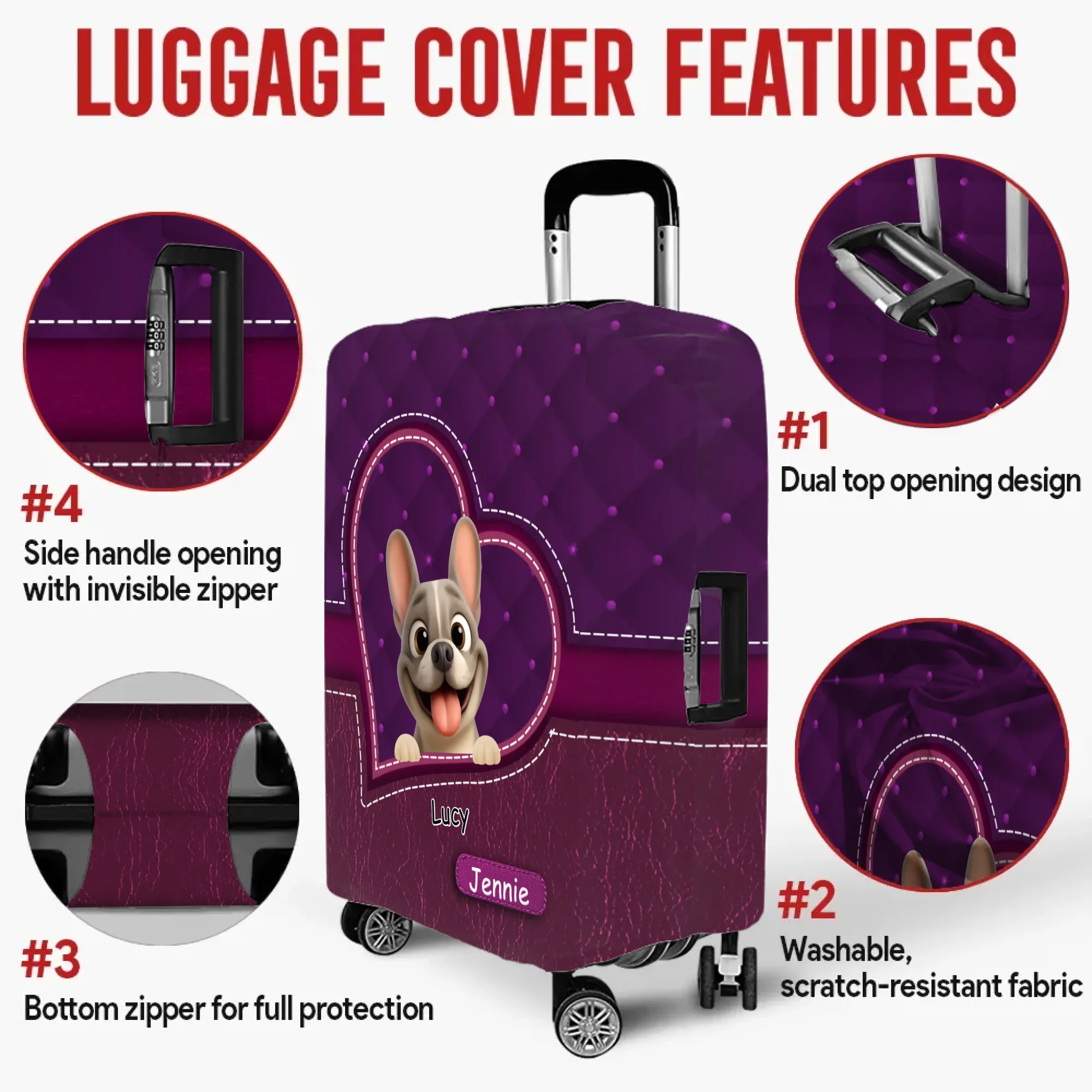 Personalized French Bulldog Luggage Cover – Purple Heart Gift For Dog Lovers