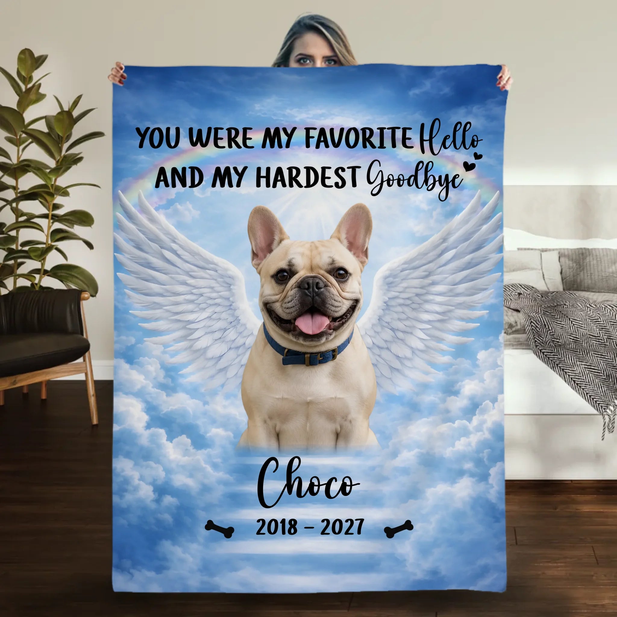 Personalized French Bulldog Dog Memorial Blanket – Custom Photo Angel Wings