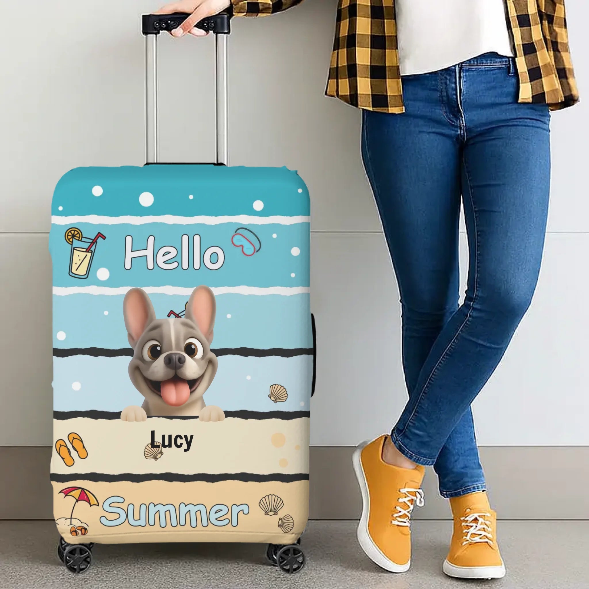 Personalized Frenchie Luggage Cover – Hello Summer Dog Name Suitcase Protector