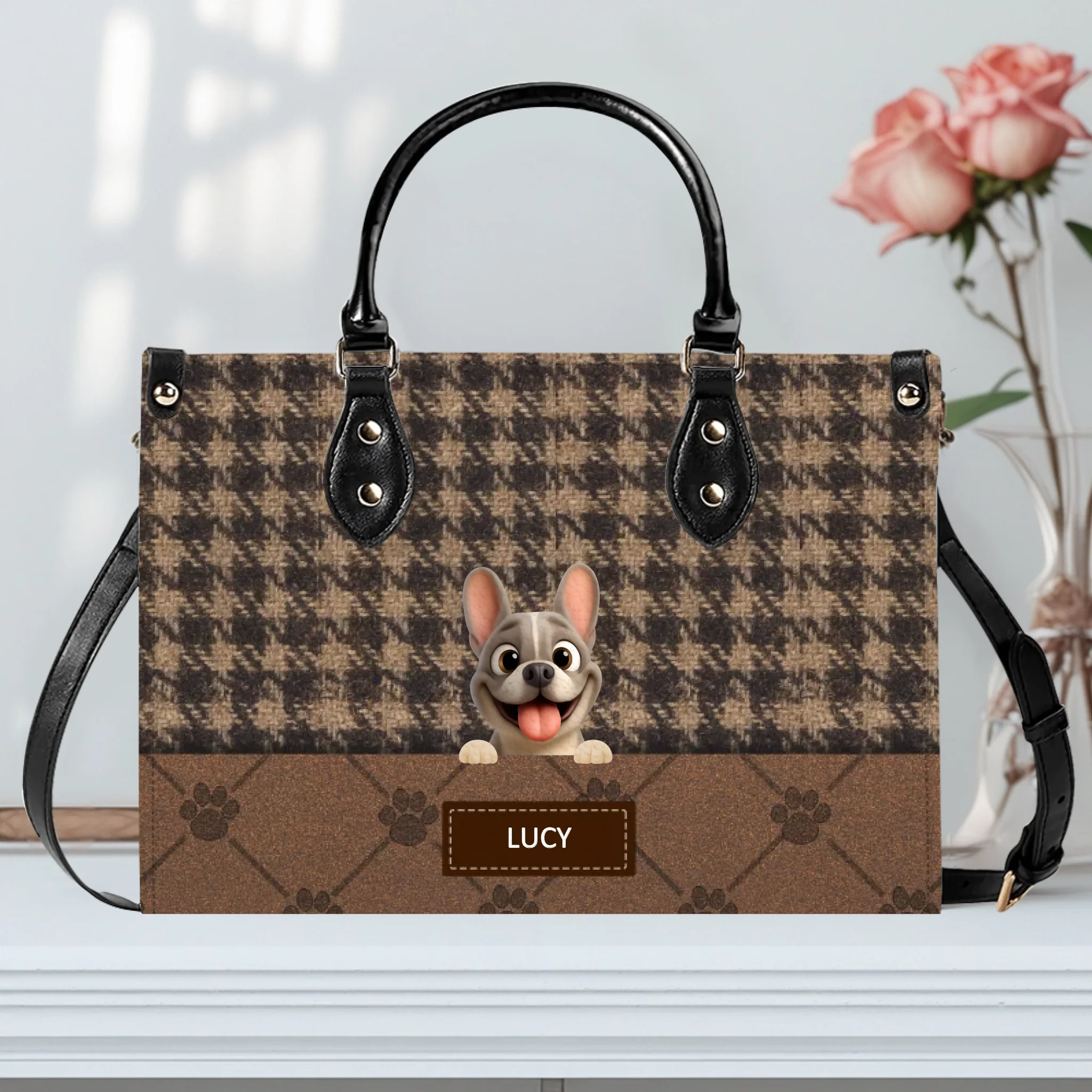 Customized Frenchie Handbag – Vintage Autumn Brown Custom Name