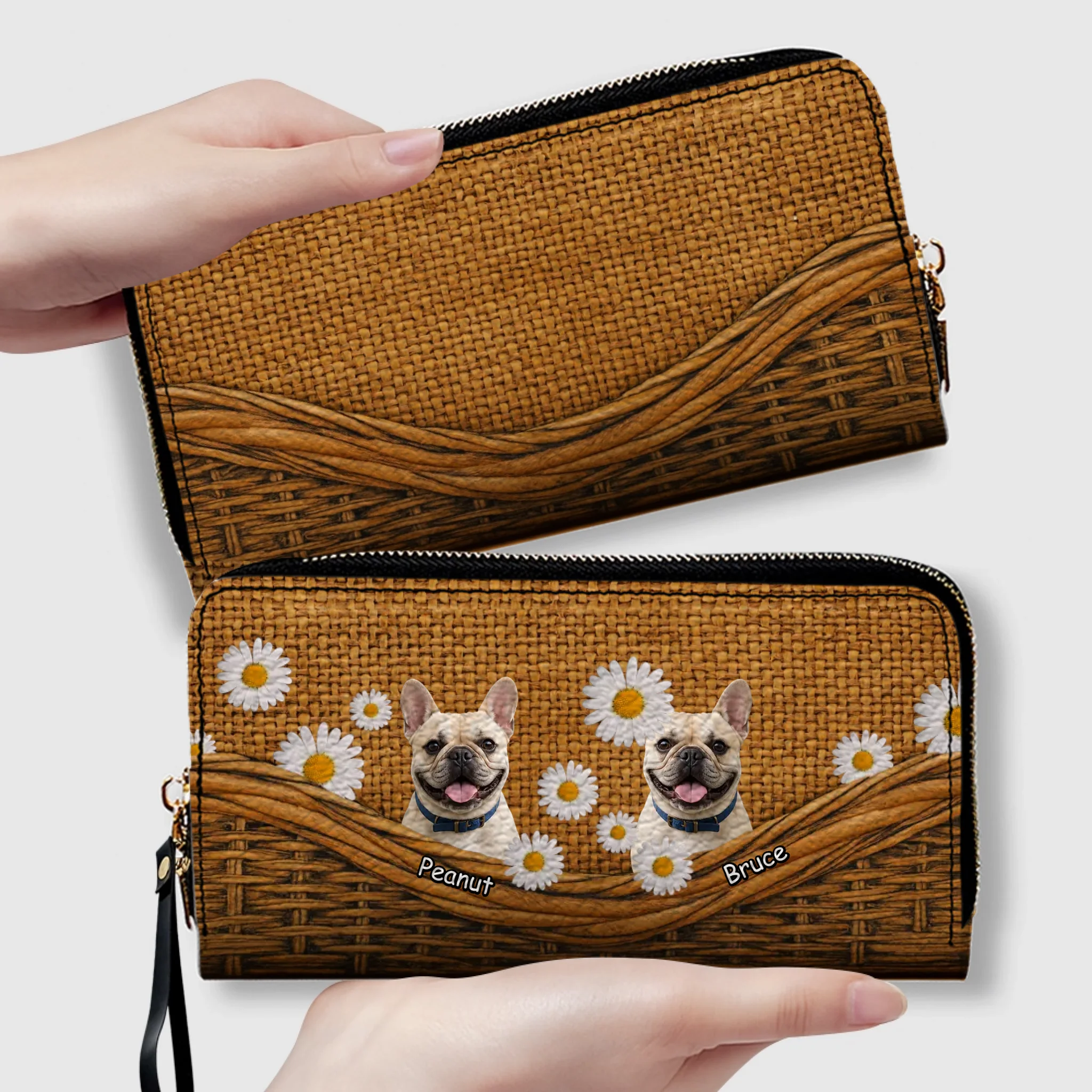 Custom French Bulldog Lovers Wallet– Rustic Daisy Basket For Dog Lovers