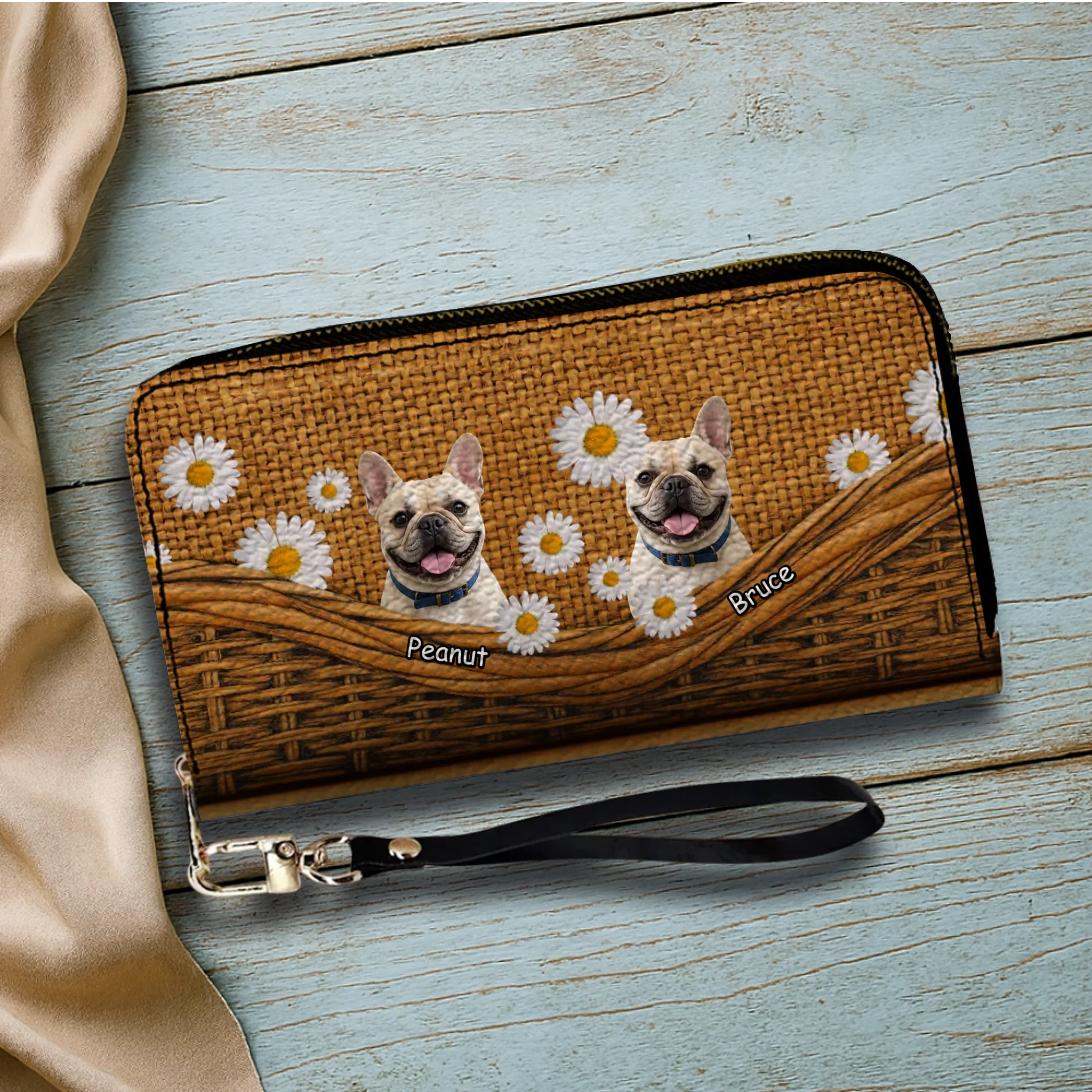 Custom French Bulldog Lovers Wallet– Rustic Daisy Basket For Dog Lovers