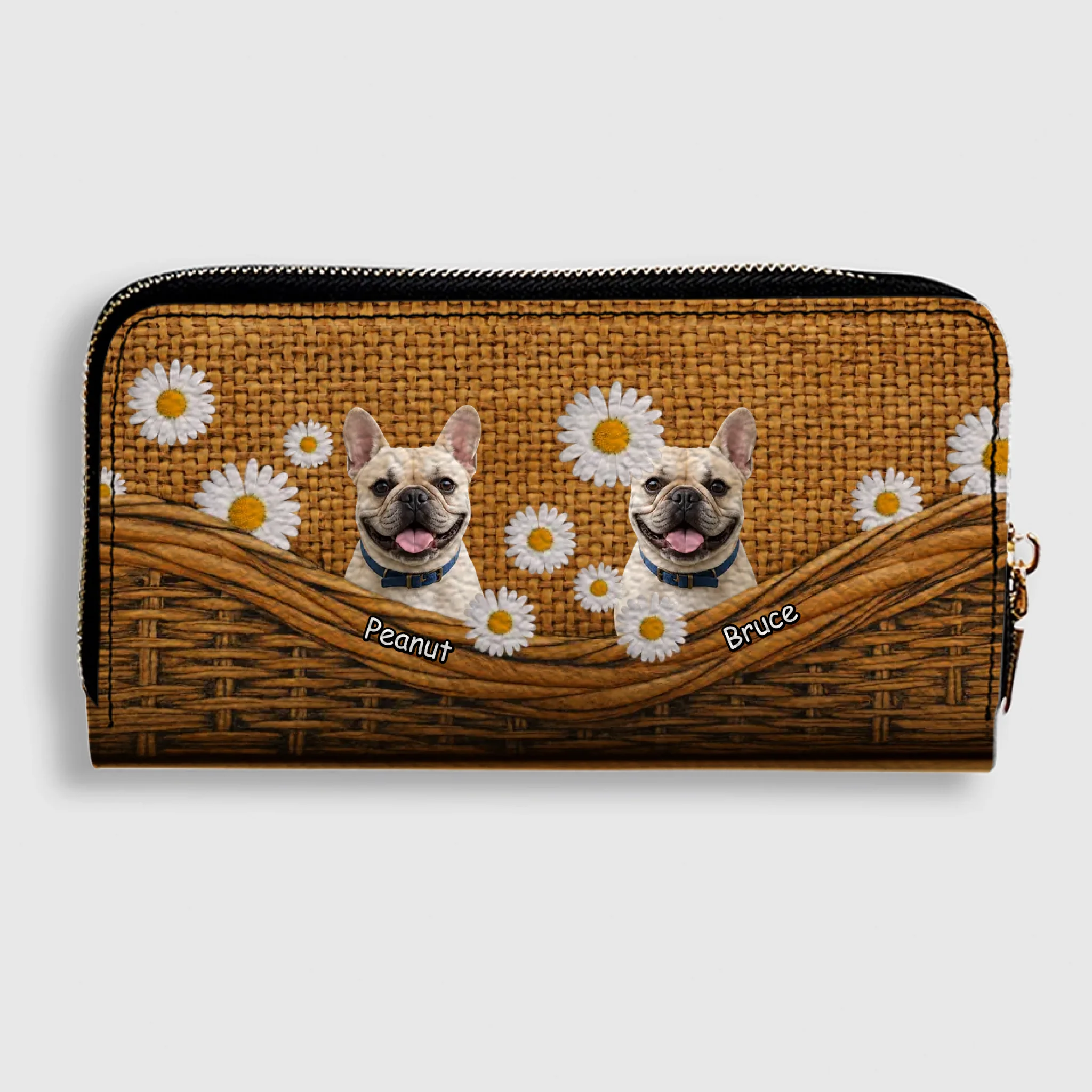 Custom French Bulldog Lovers Wallet– Rustic Daisy Basket For Dog Lovers