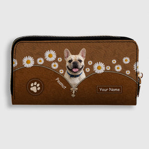 Personalized French Bulldog Wallet – Custom Name Daisy Floral Peek Clutch Purse
