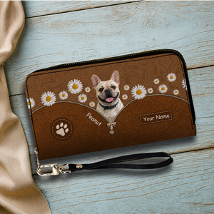 Personalized French Bulldog Wallet – Custom Name Daisy Floral Peek Clutch Purse