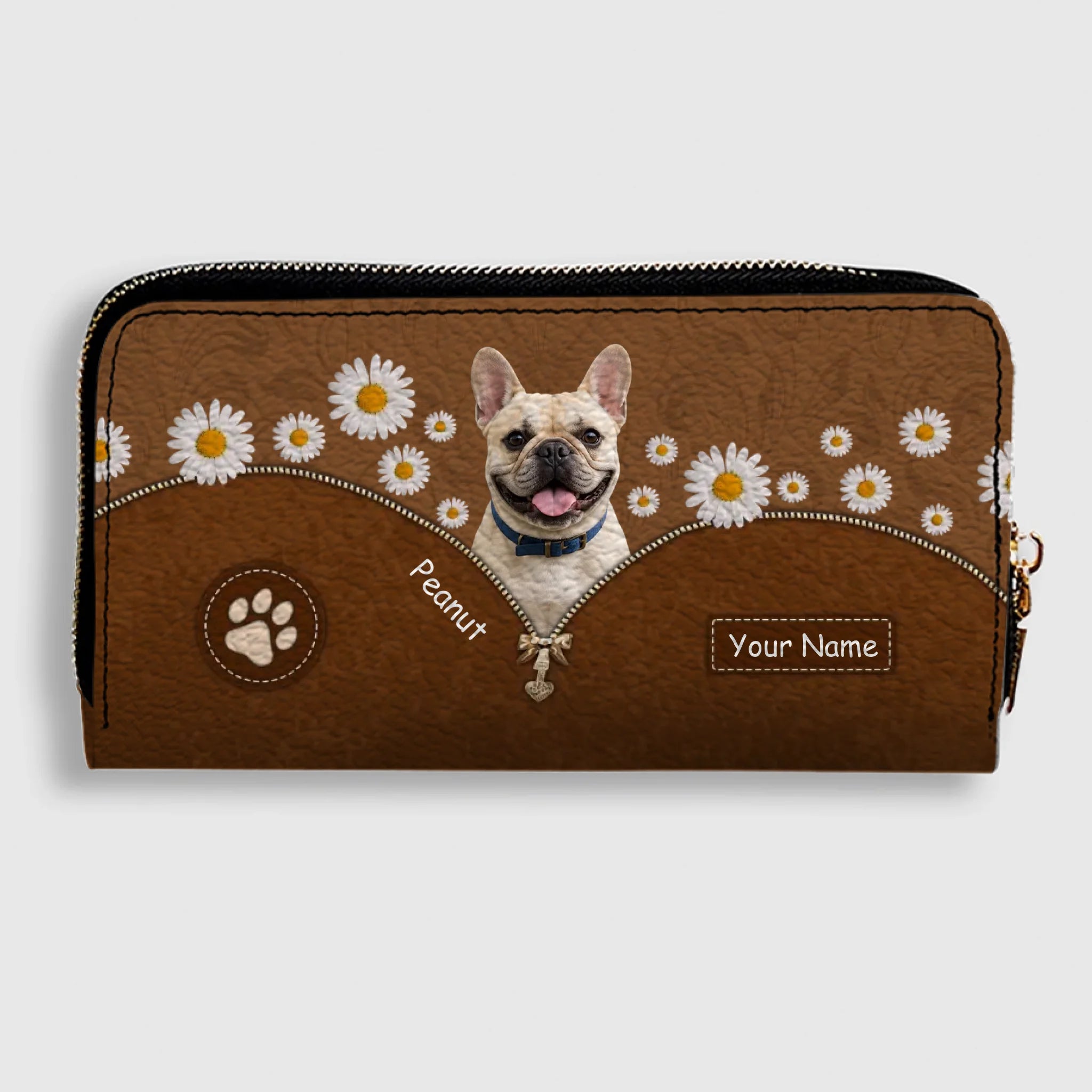 Personalized French Bulldog Wallet – Custom Name Daisy Floral Peek Clutch Purse