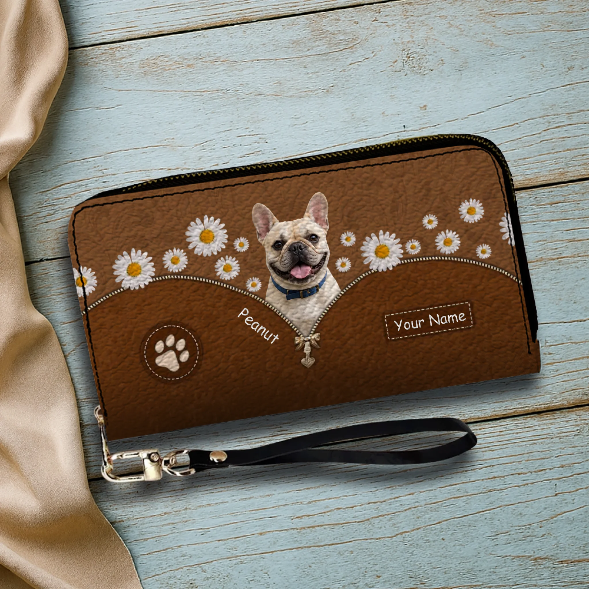 Personalized French Bulldog Wallet – Custom Name Daisy Floral Peek Clutch Purse