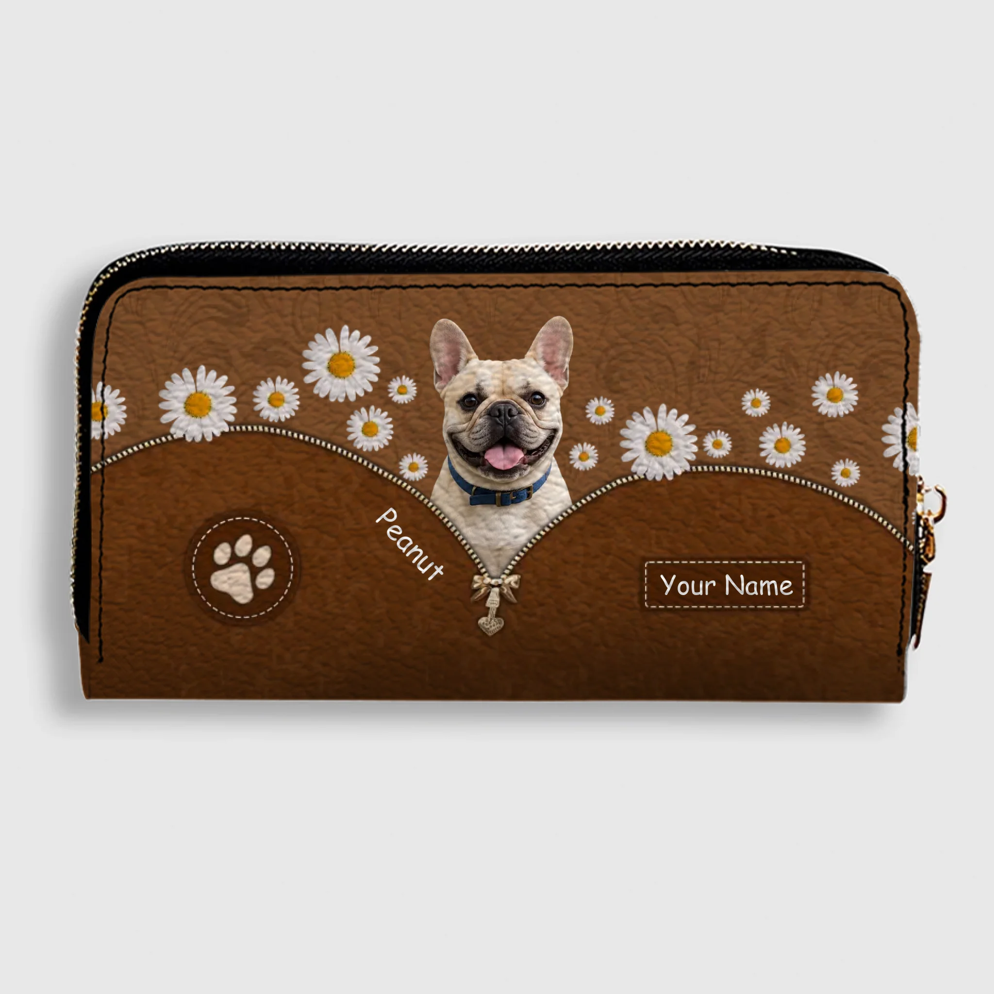 Personalized French Bulldog Wallet – Custom Name Daisy Floral Peek Clutch Purse