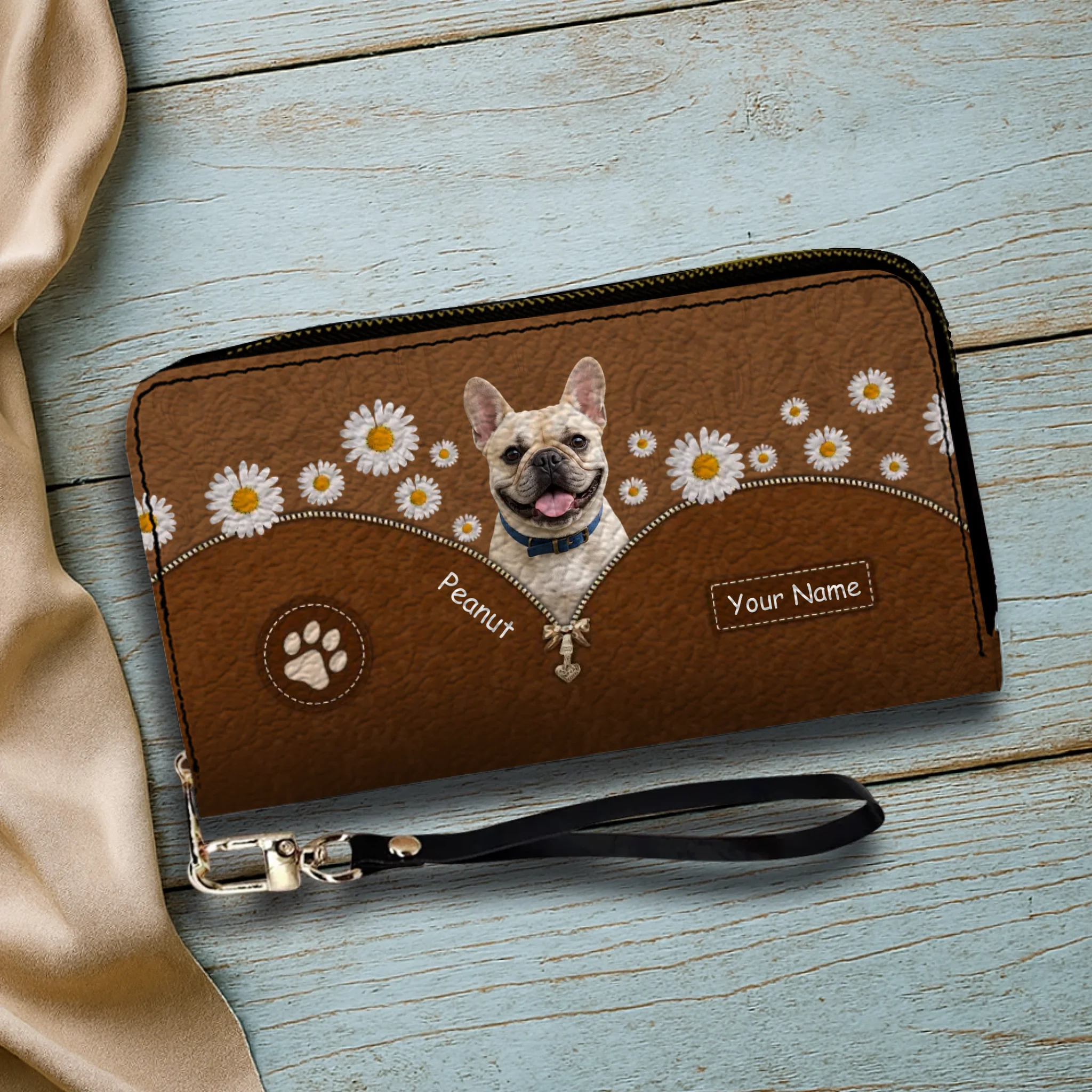 Personalized French Bulldog Wallet – Custom Name Daisy Floral Peek Clutch Purse
