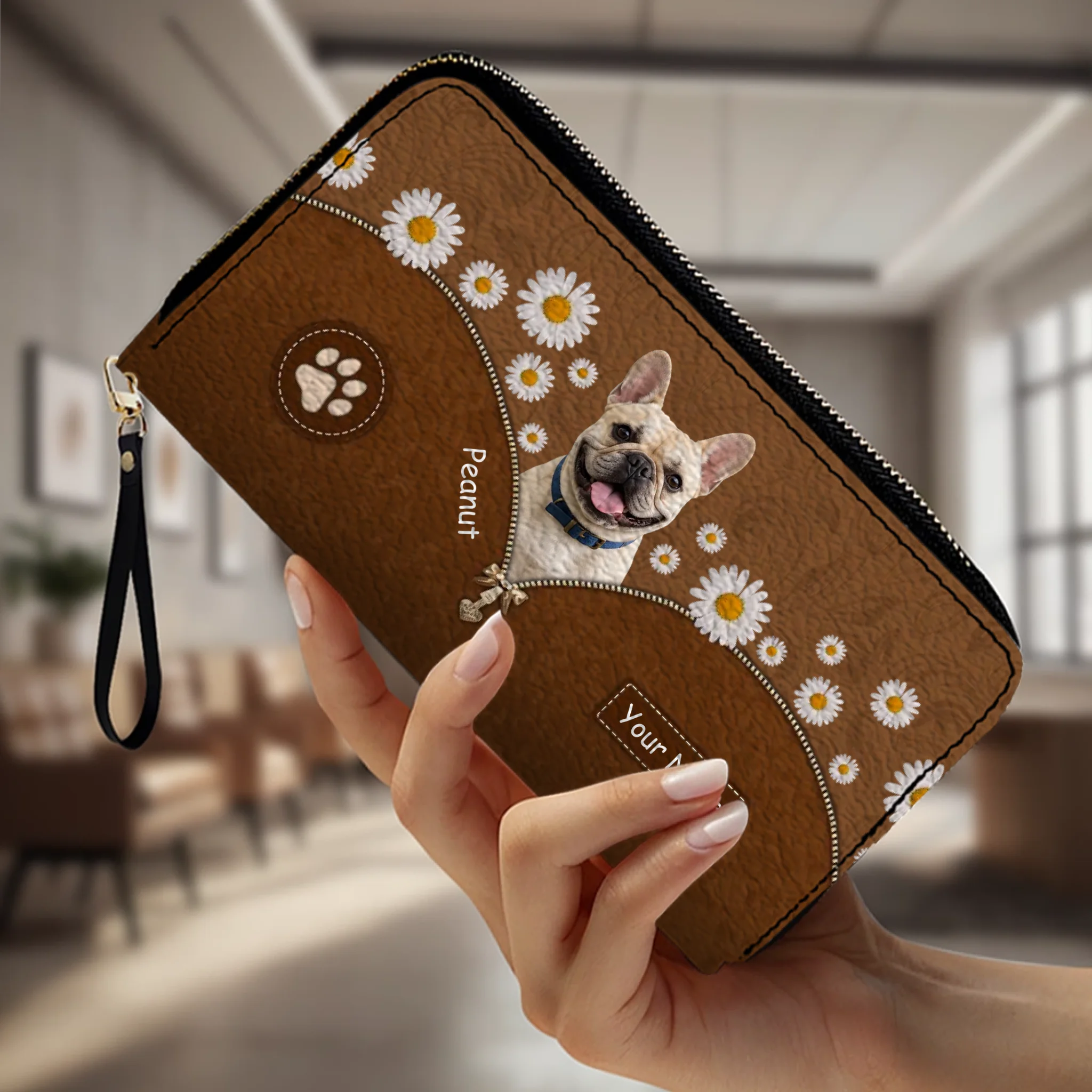 Personalized French Bulldog Wallet – Custom Name Daisy Floral Peek Clutch Purse