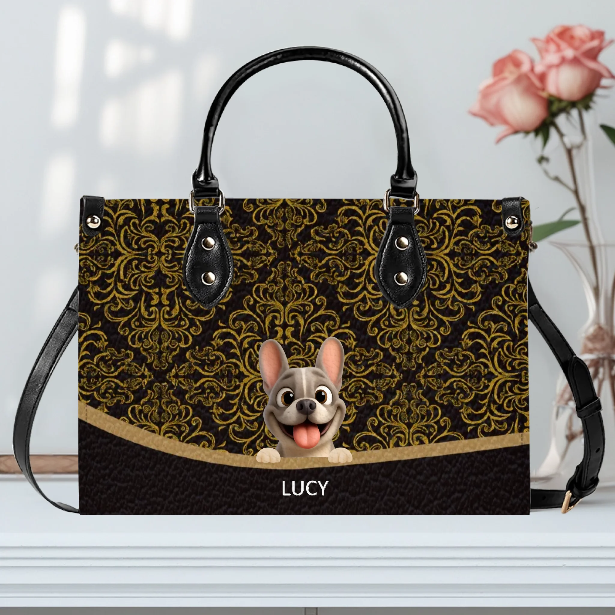 Custom French Bulldog Handbag – Luxury Gold Damask Dog Mom Gifts