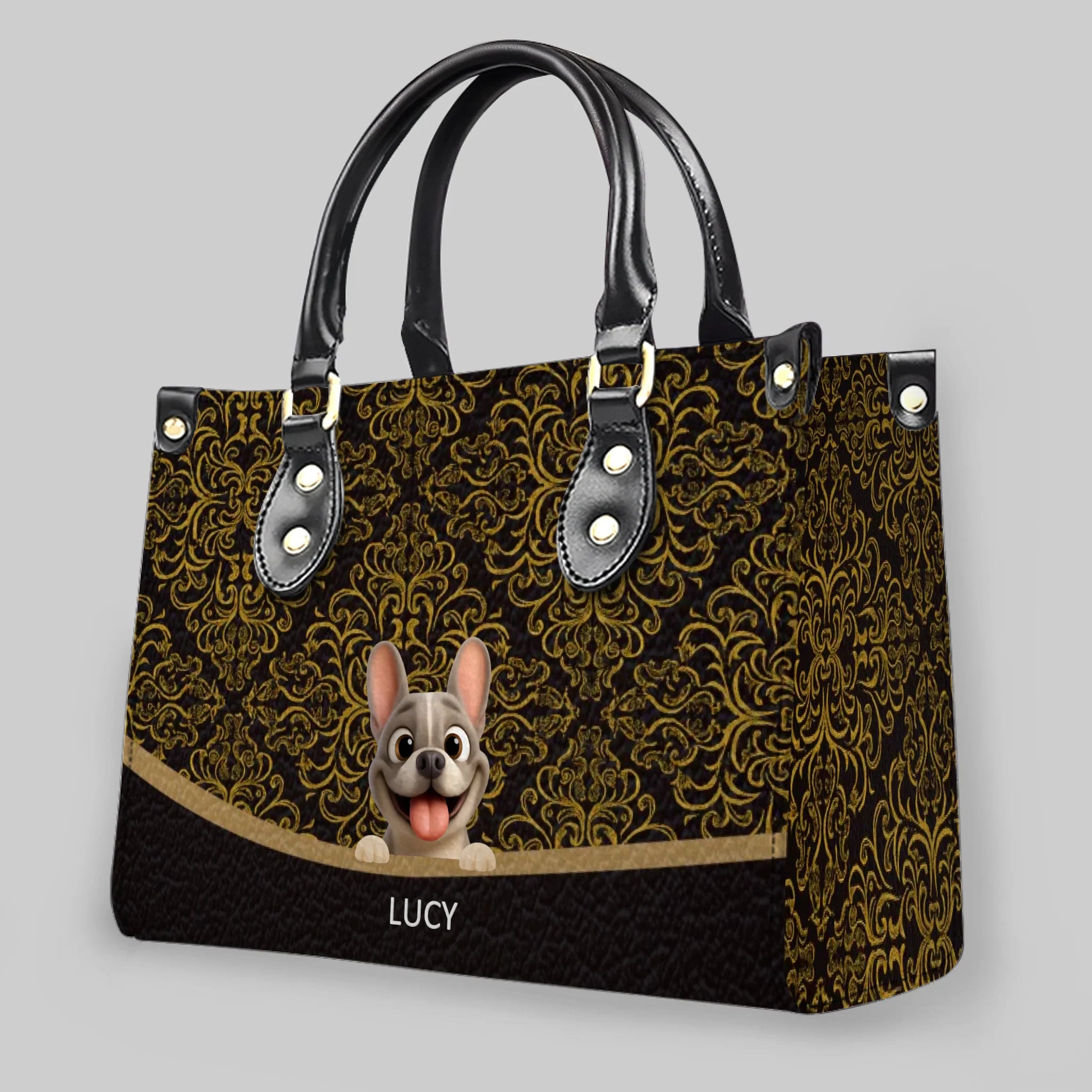 Custom French Bulldog Handbag – Luxury Gold Damask Dog Mom Gifts